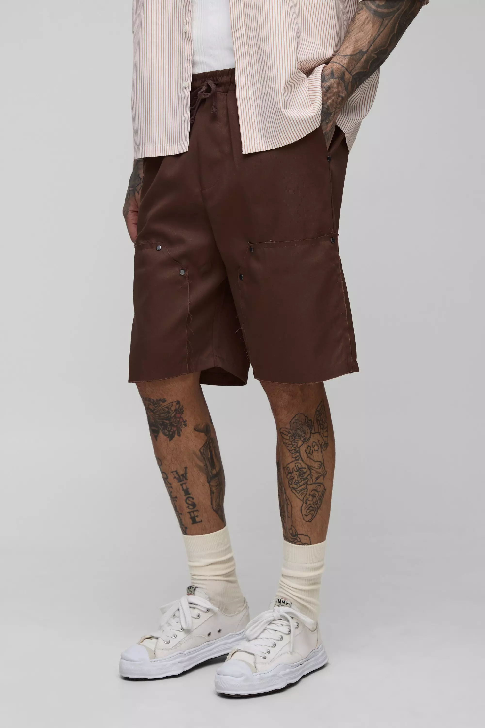 Tall Relaxed Fit Elasticated Waist Carpenter Shorts Chocolate