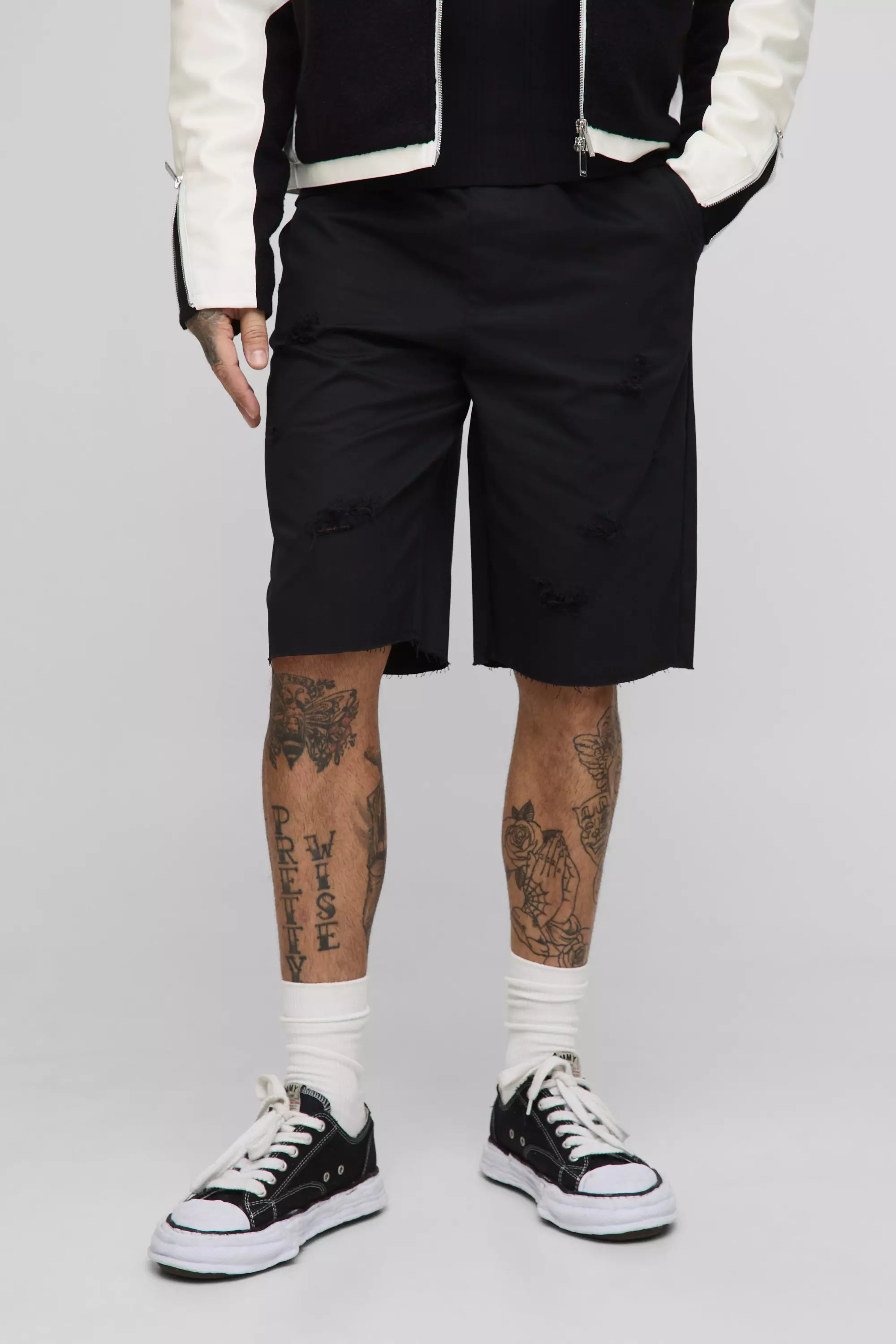 Tall Relaxed Fit Distressed Raw Hem Shorts Black
