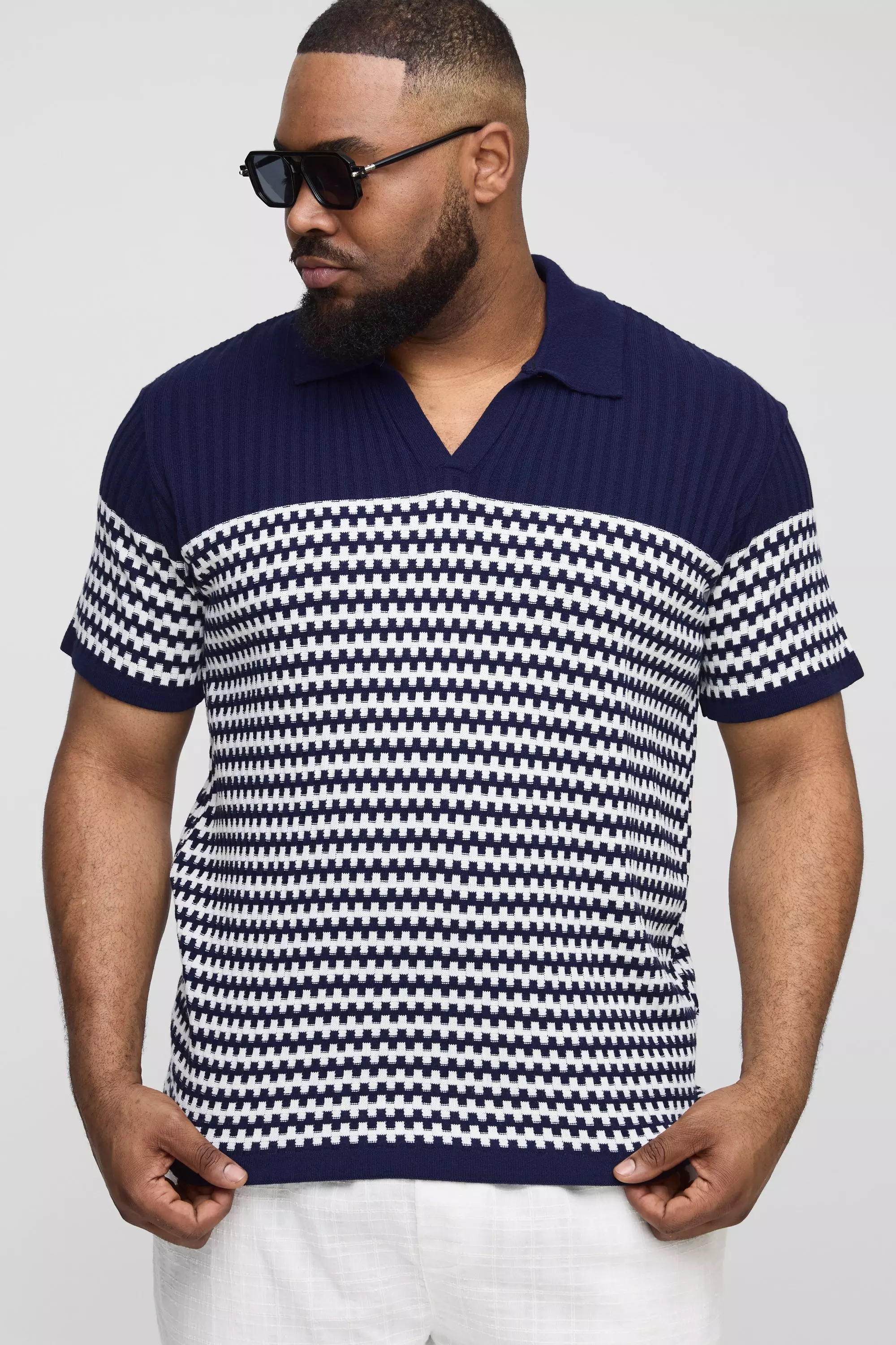 Polo Plus Size in maglia a righe con scollo a V, Navy immagine alternativa
