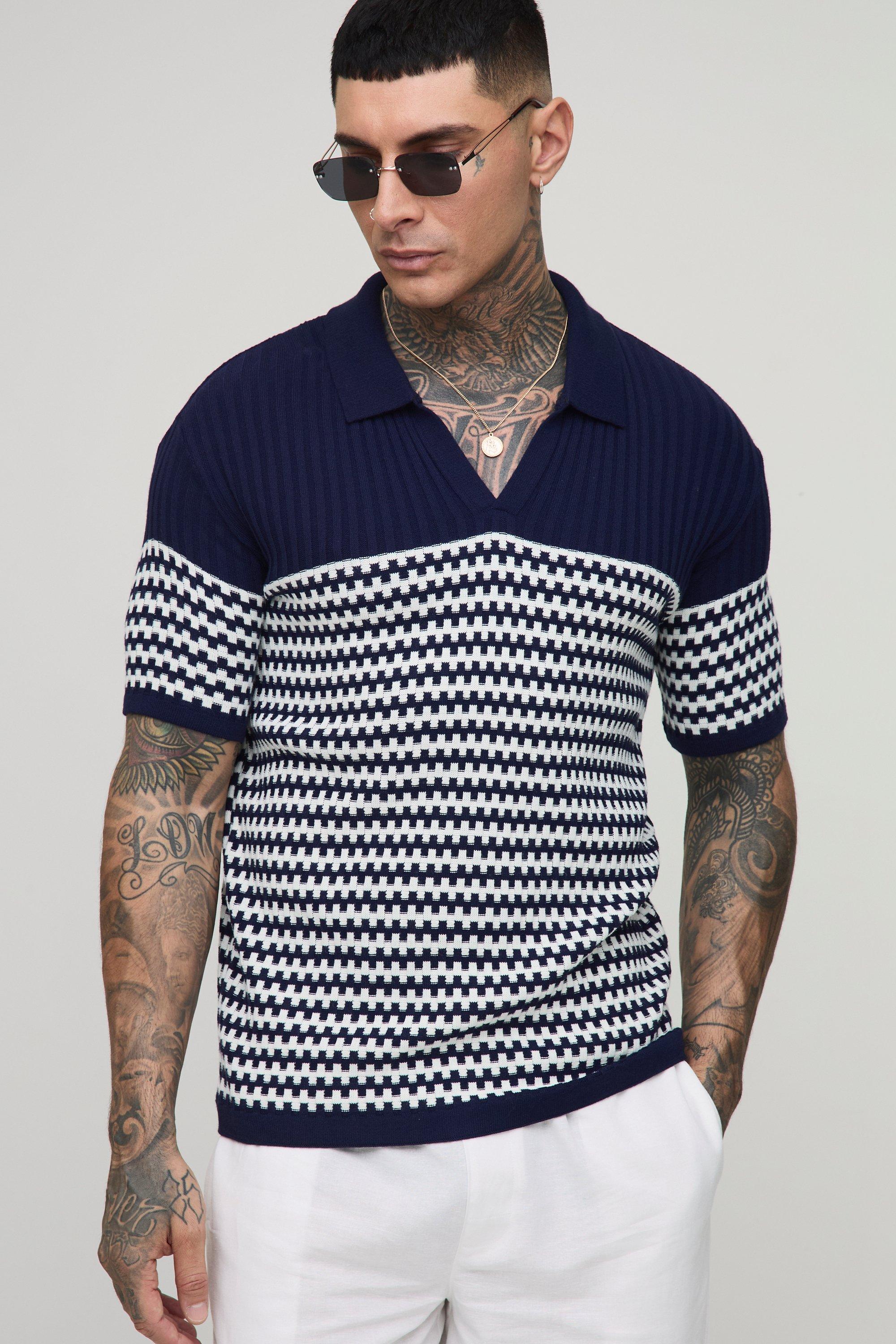 Tall Oversized Boxy V Neck Striped Knitted Polo | boohooMAN USA