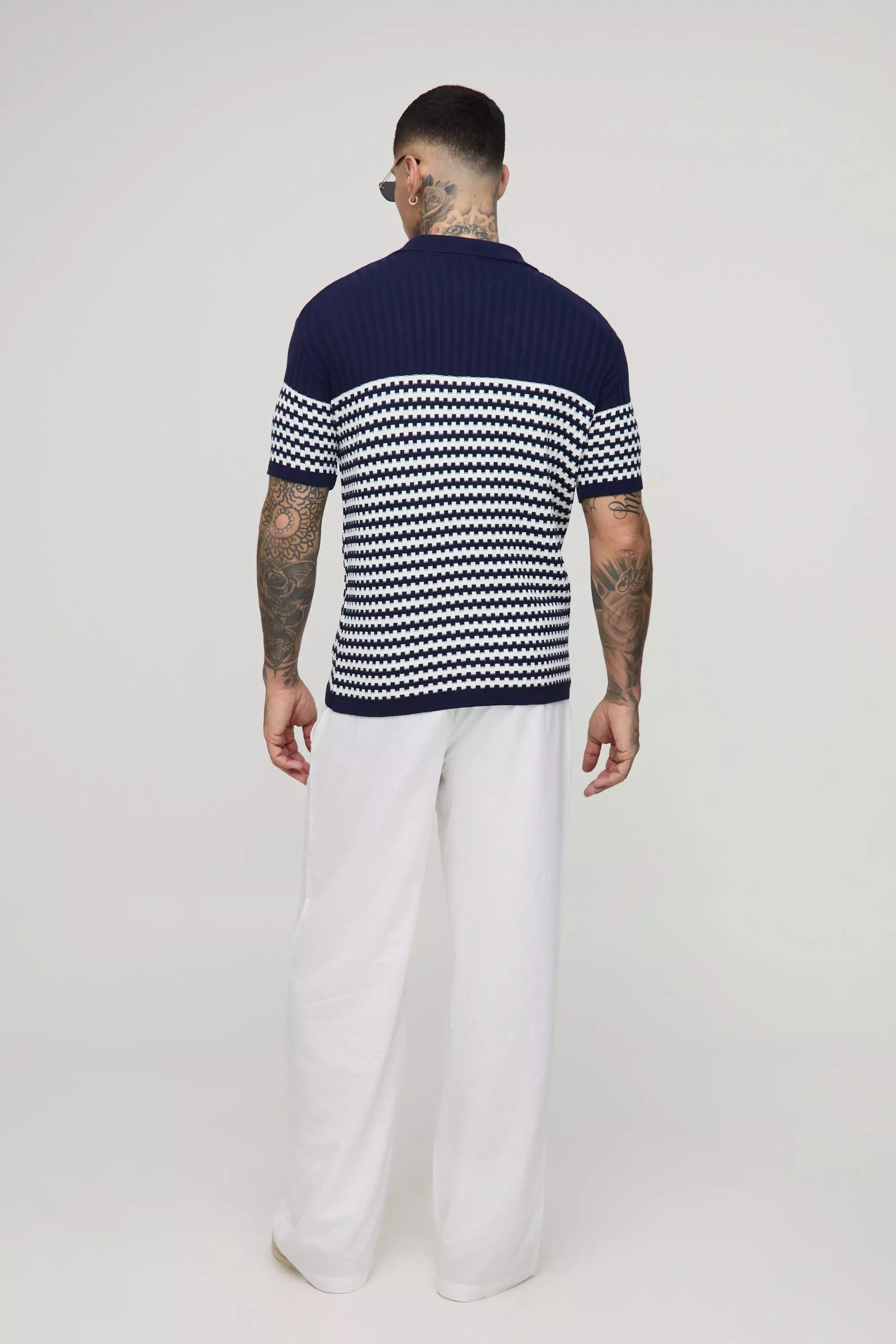 Polo Tall in maglia a righe con scollo a V, Navy immagine alternativa