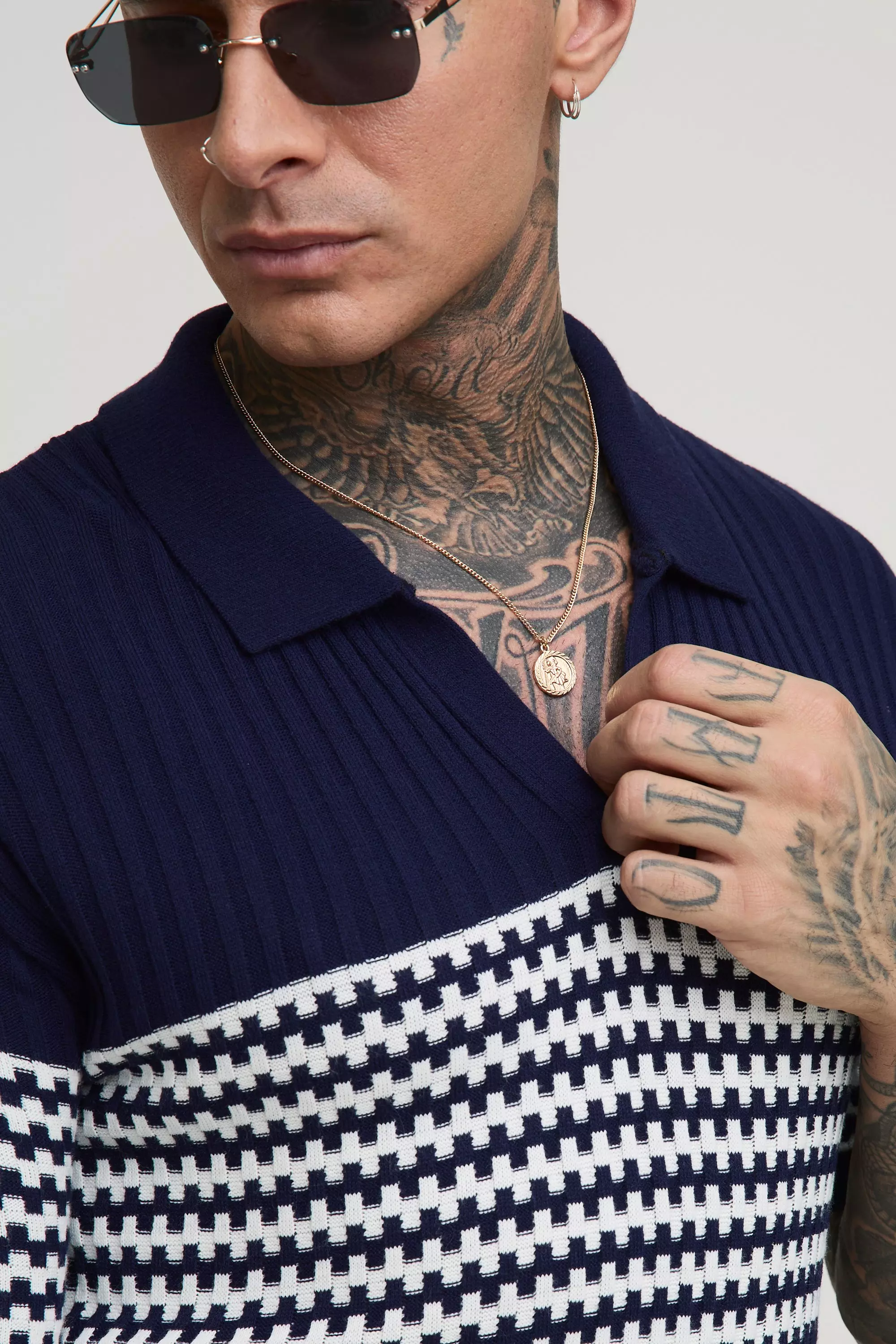 Navy Tall Oversized Boxy V Neck Striped Knitted Polo alternative image
