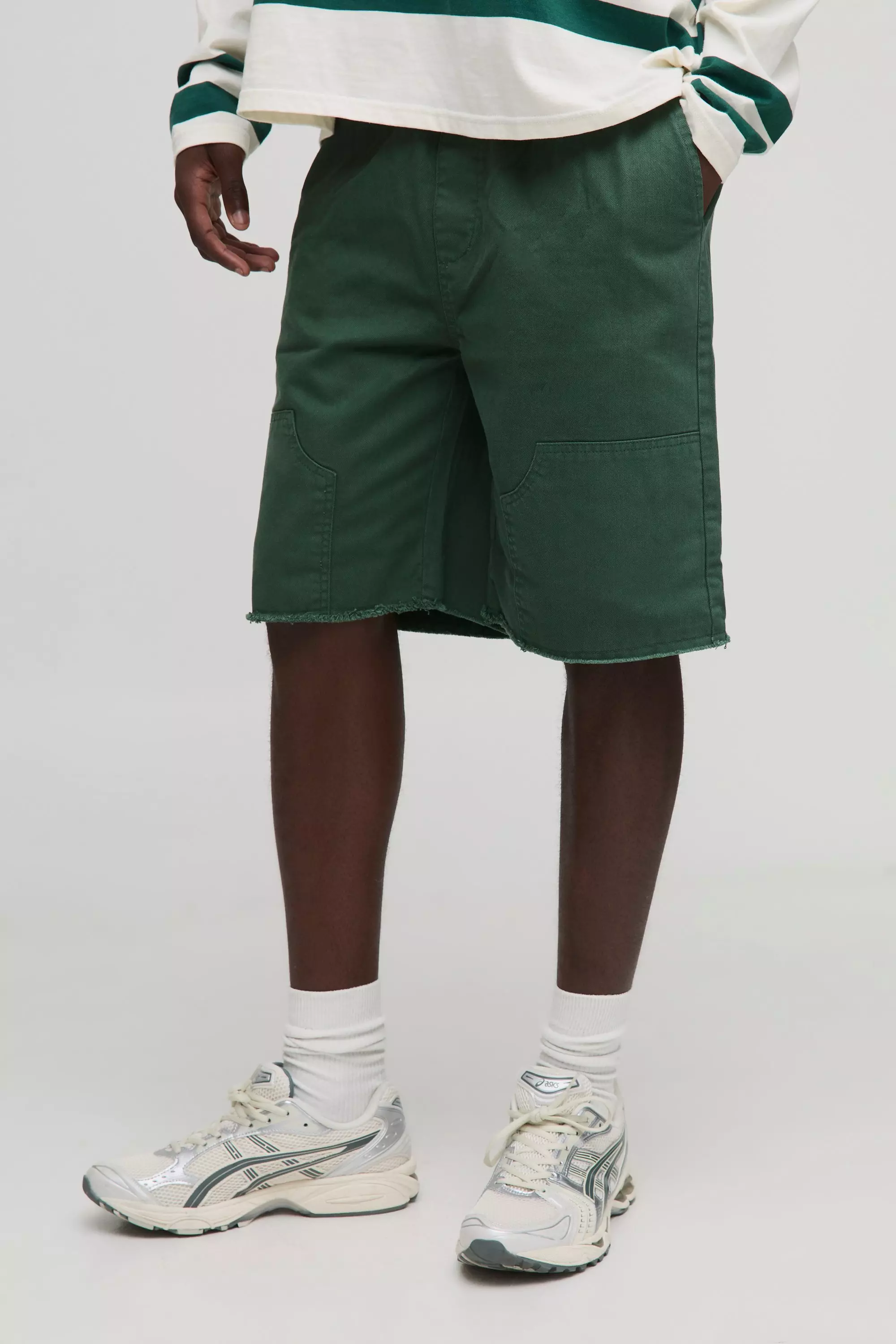 Elasticated Waist Relaxed Distressed Carpenter Shorts | boohooMAN USA