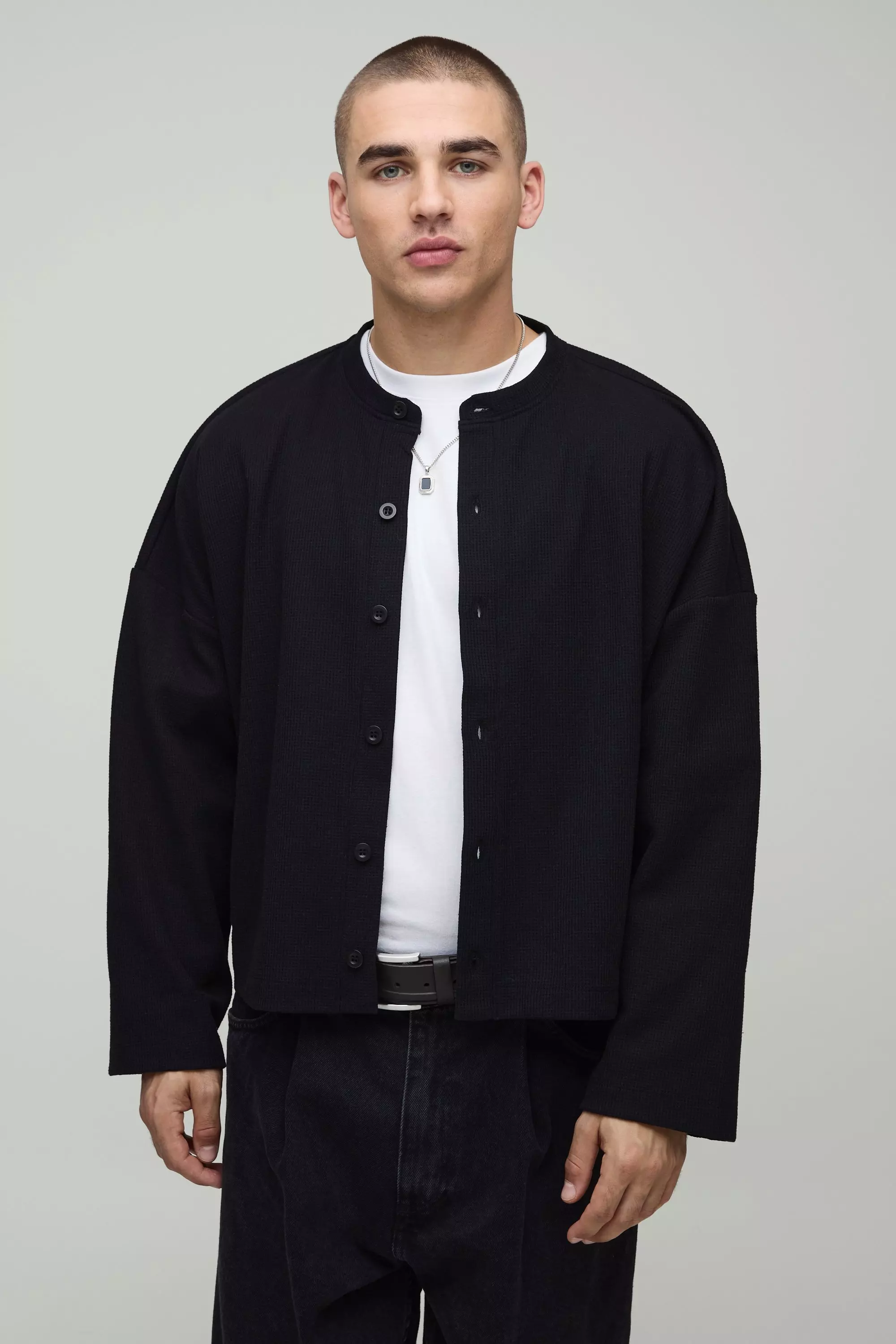Black Oversized Boxy Waffle Cropped Button Cardigan alternative image