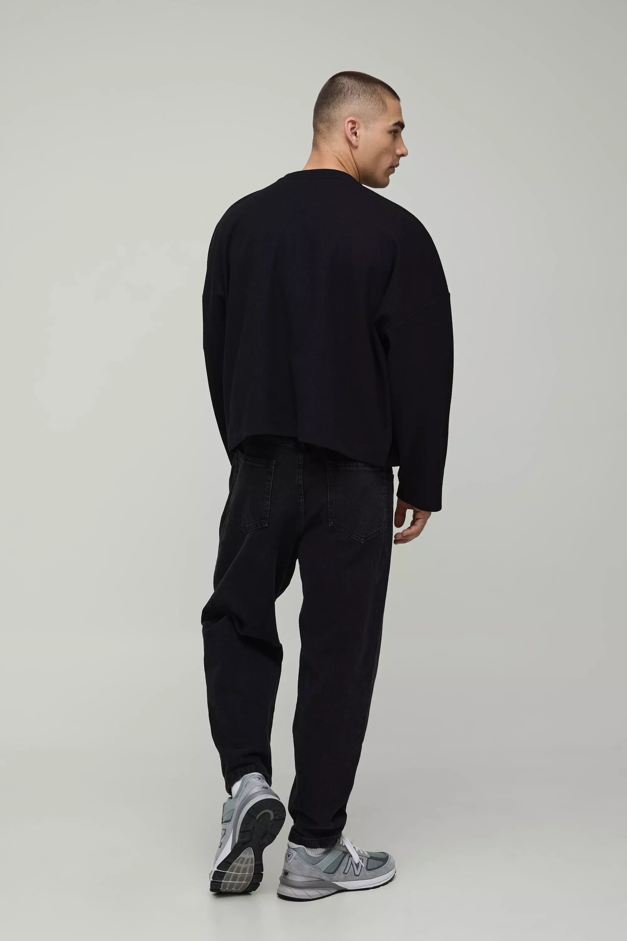 Black Oversized Boxy Waffle Cropped Button Cardigan alternative image
