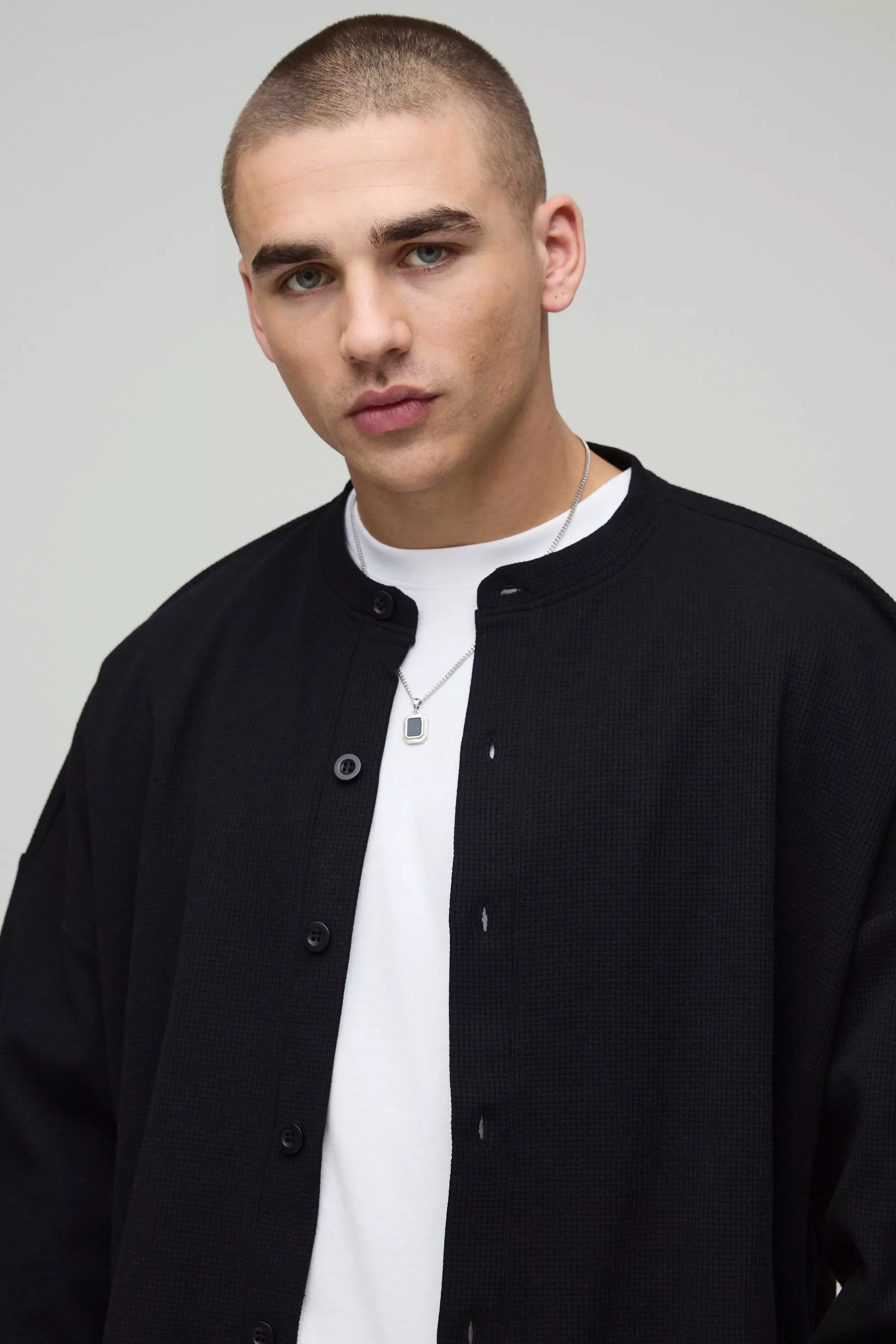 Black Oversized Boxy Waffle Cropped Button Cardigan alternative image