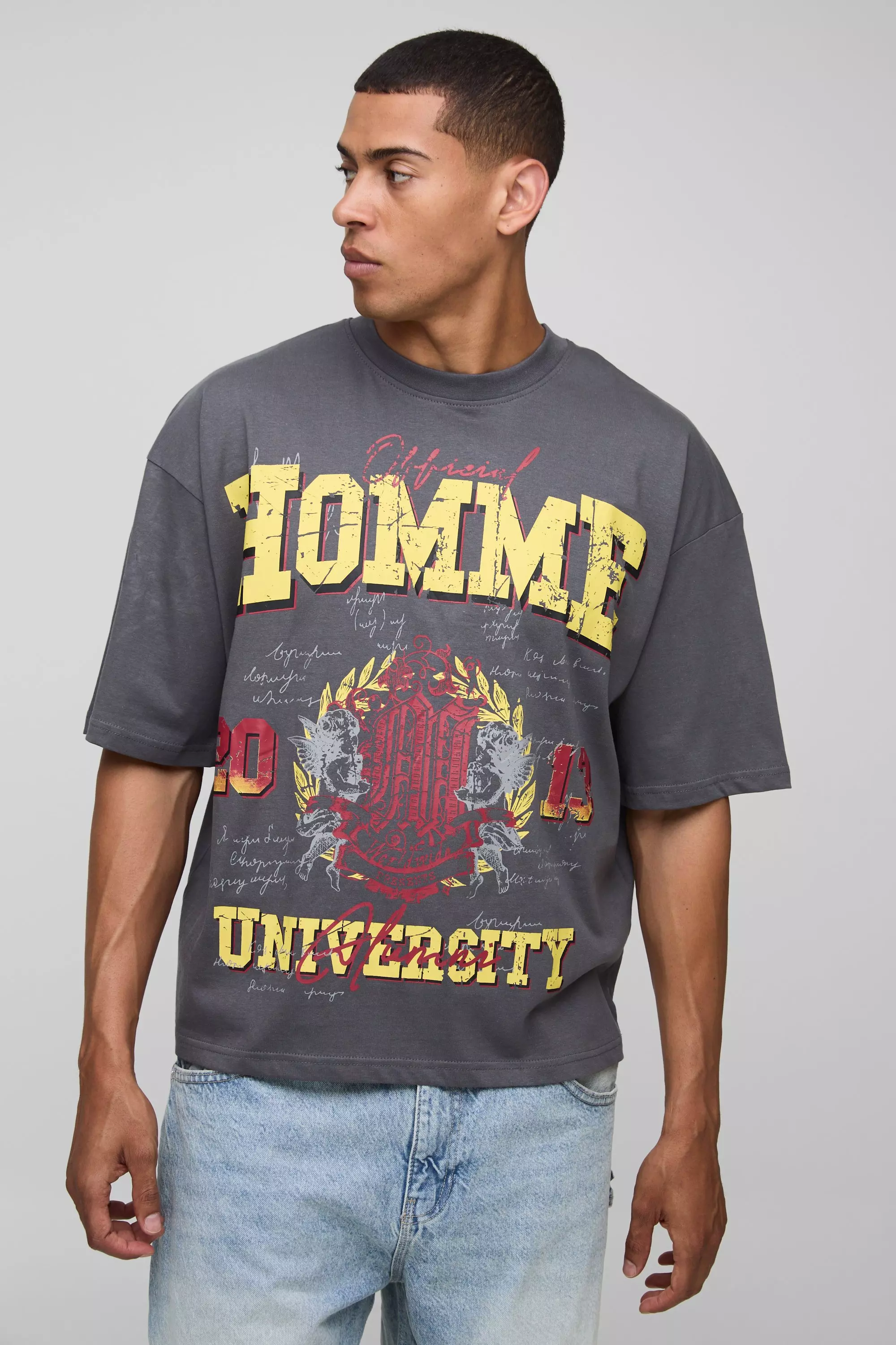 Oversized Boxy Homme Varsity Large Scale Printed T-Shirt Charcoal