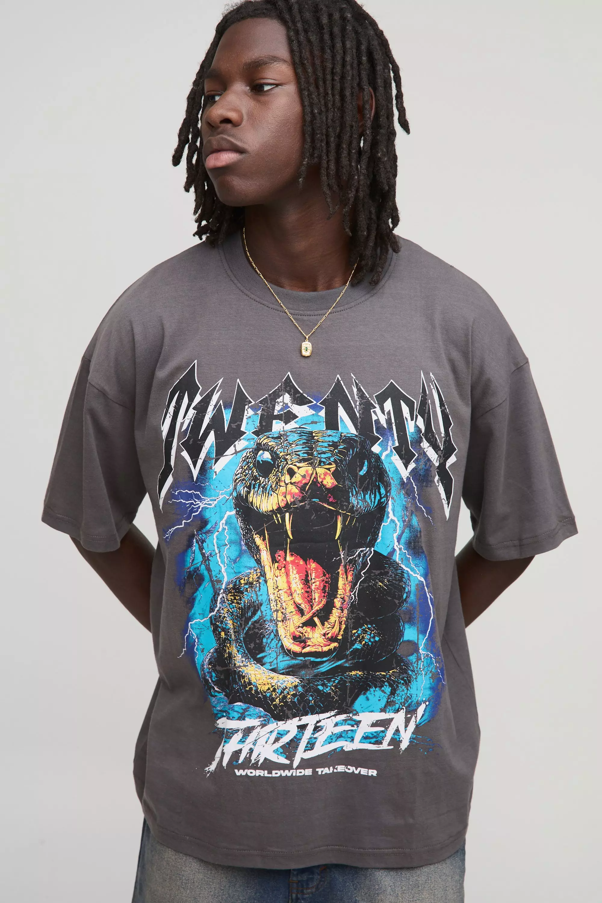 Oversized Snake Worldwide Large Scale Printed T-Shirt Charcoal
