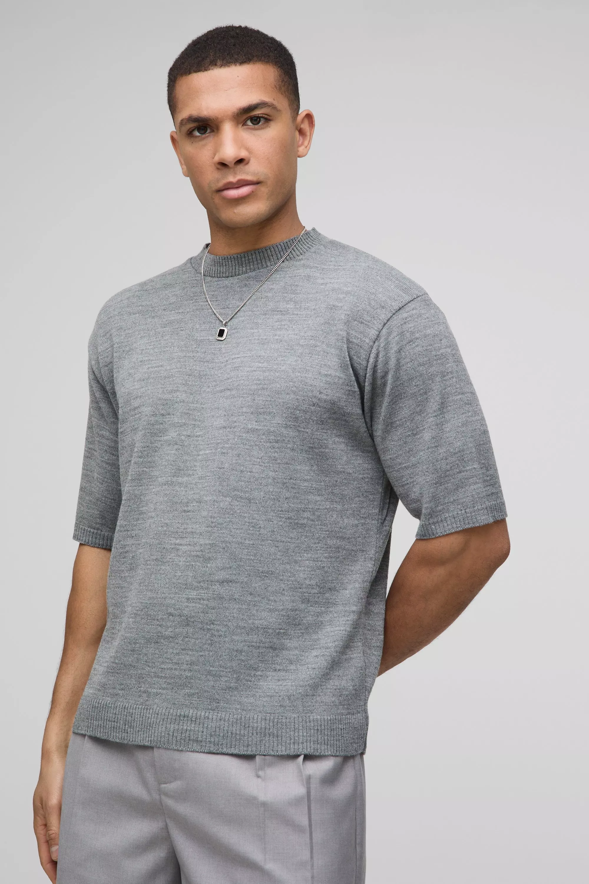 Charcoal Regular Fit Marl Knitted T-Shirt alternative image