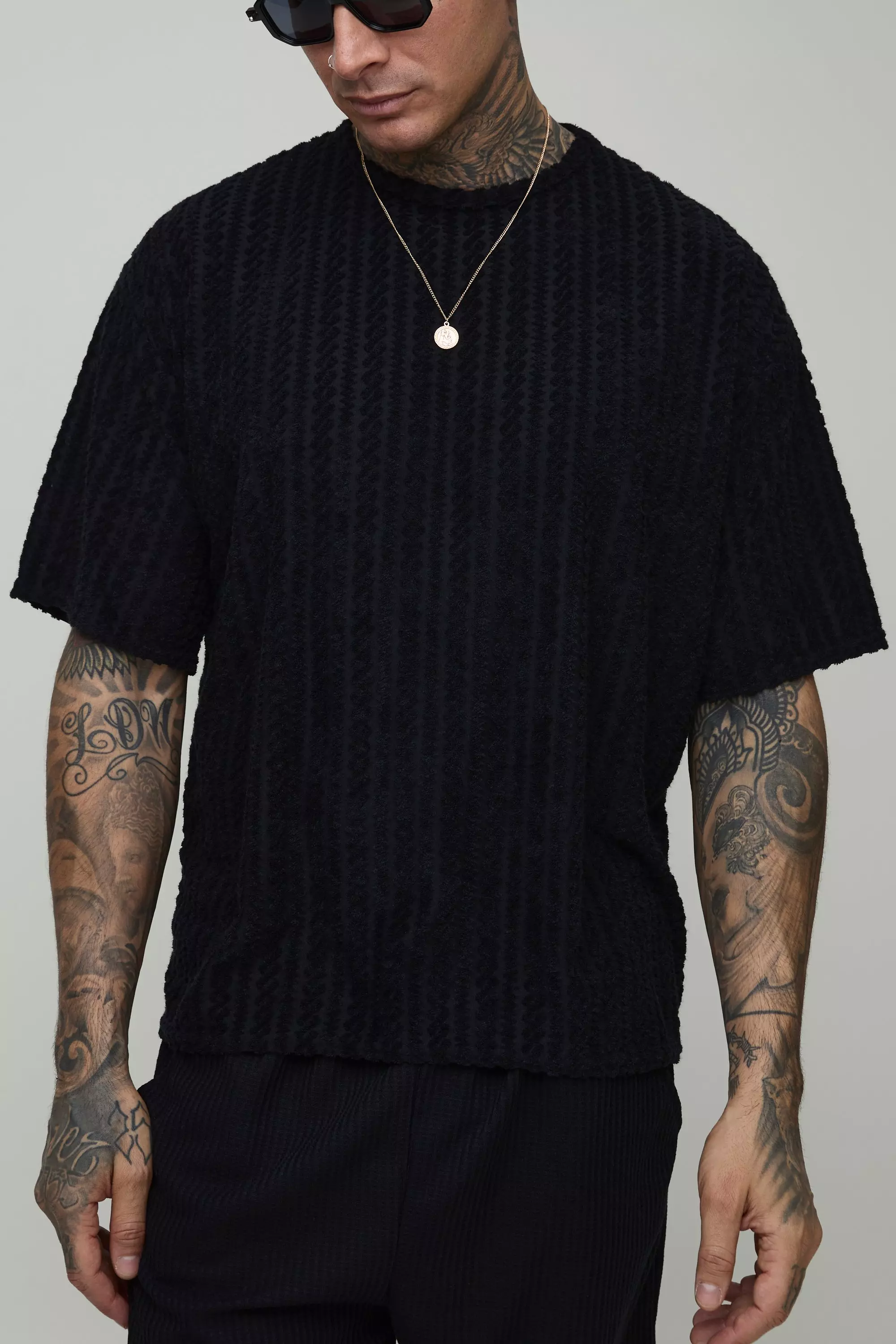 Black Tall Oversized Towelling Jacquard T-Shirt alternative image
