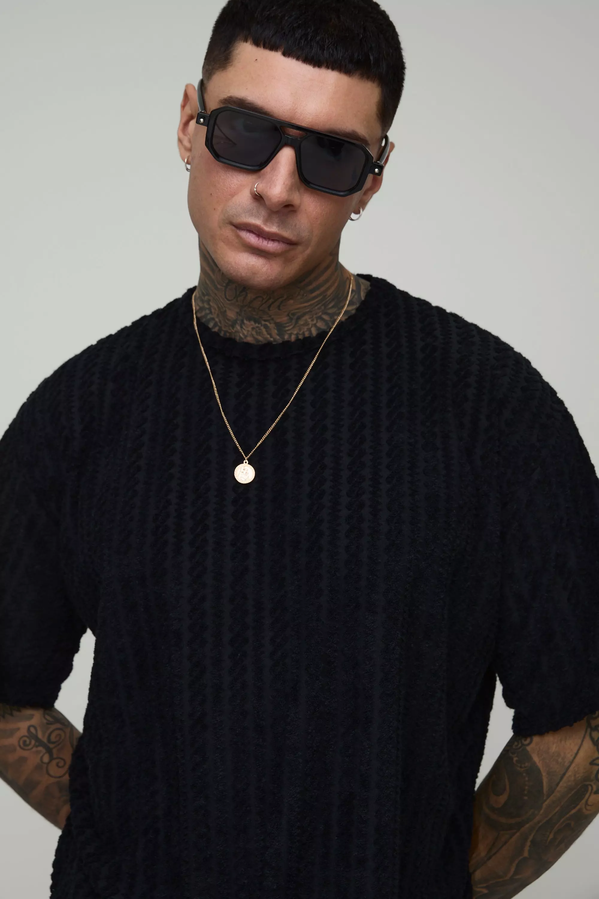 Black Tall Oversized Towelling Jacquard T-Shirt alternative image