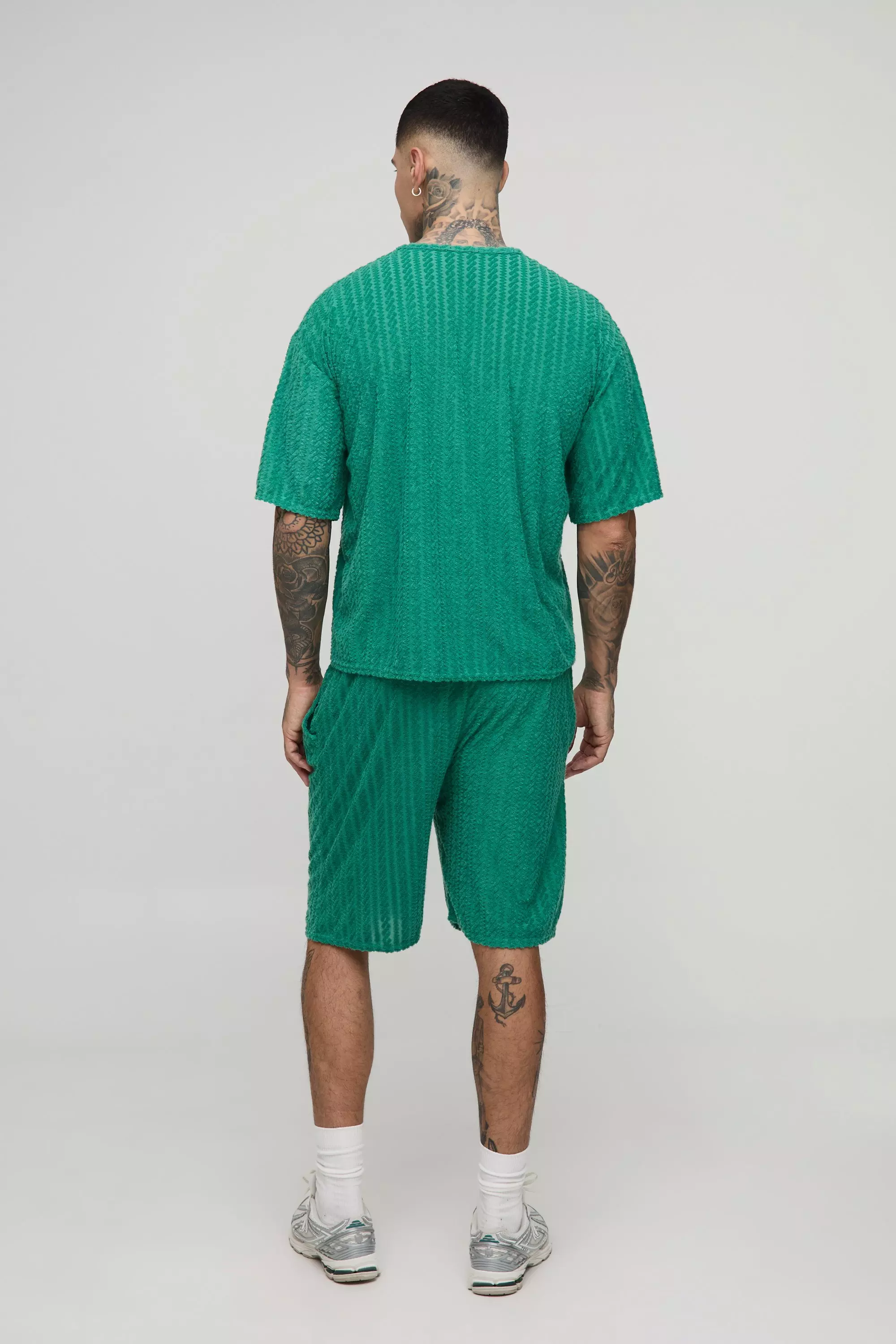 Tall Oversize Frottee Jacquard T-Shirt & Shorts Set, Green alternatives Bild
