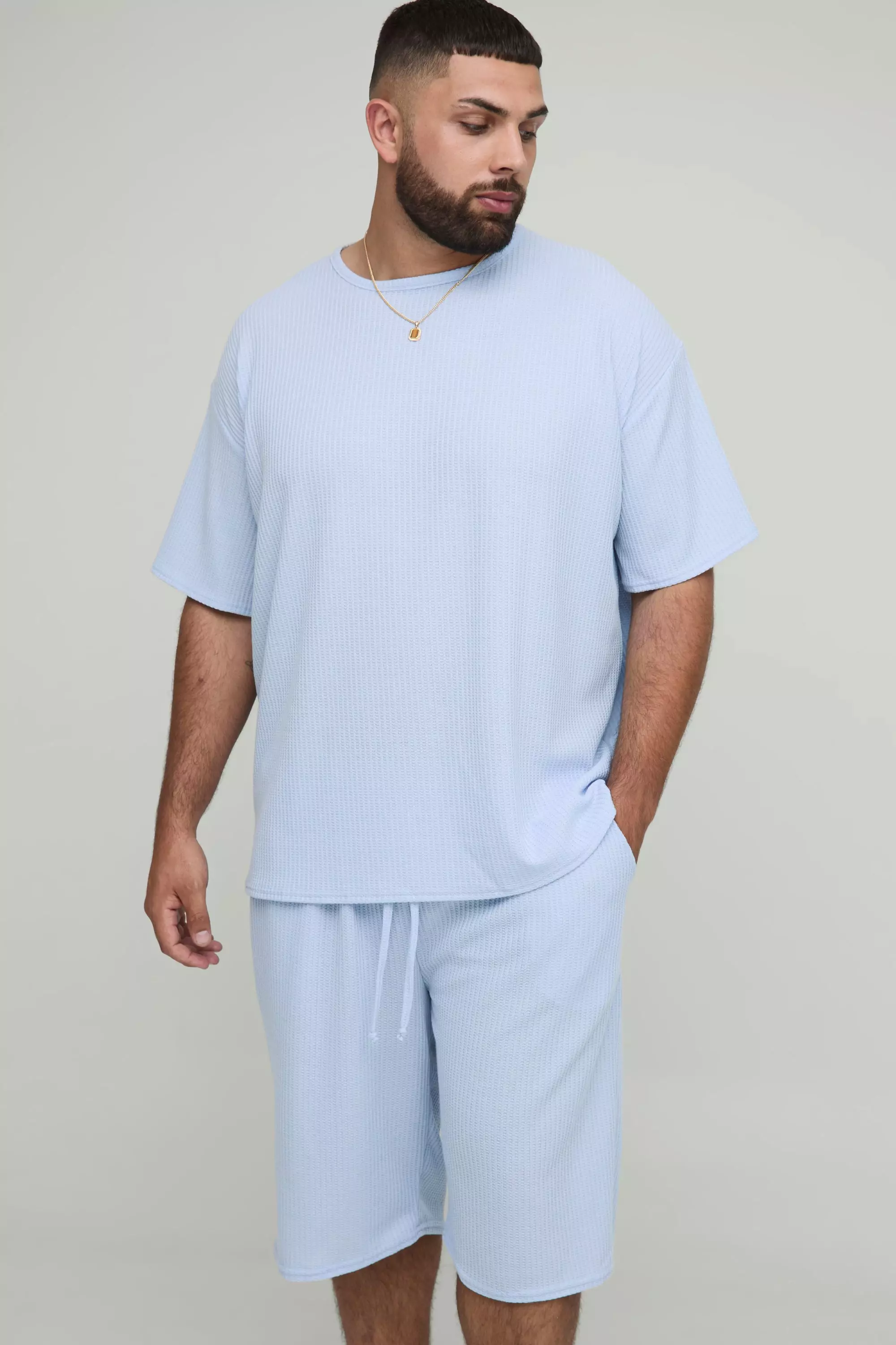 Blue Plus Oversized Textured T-Shirt & Short Set