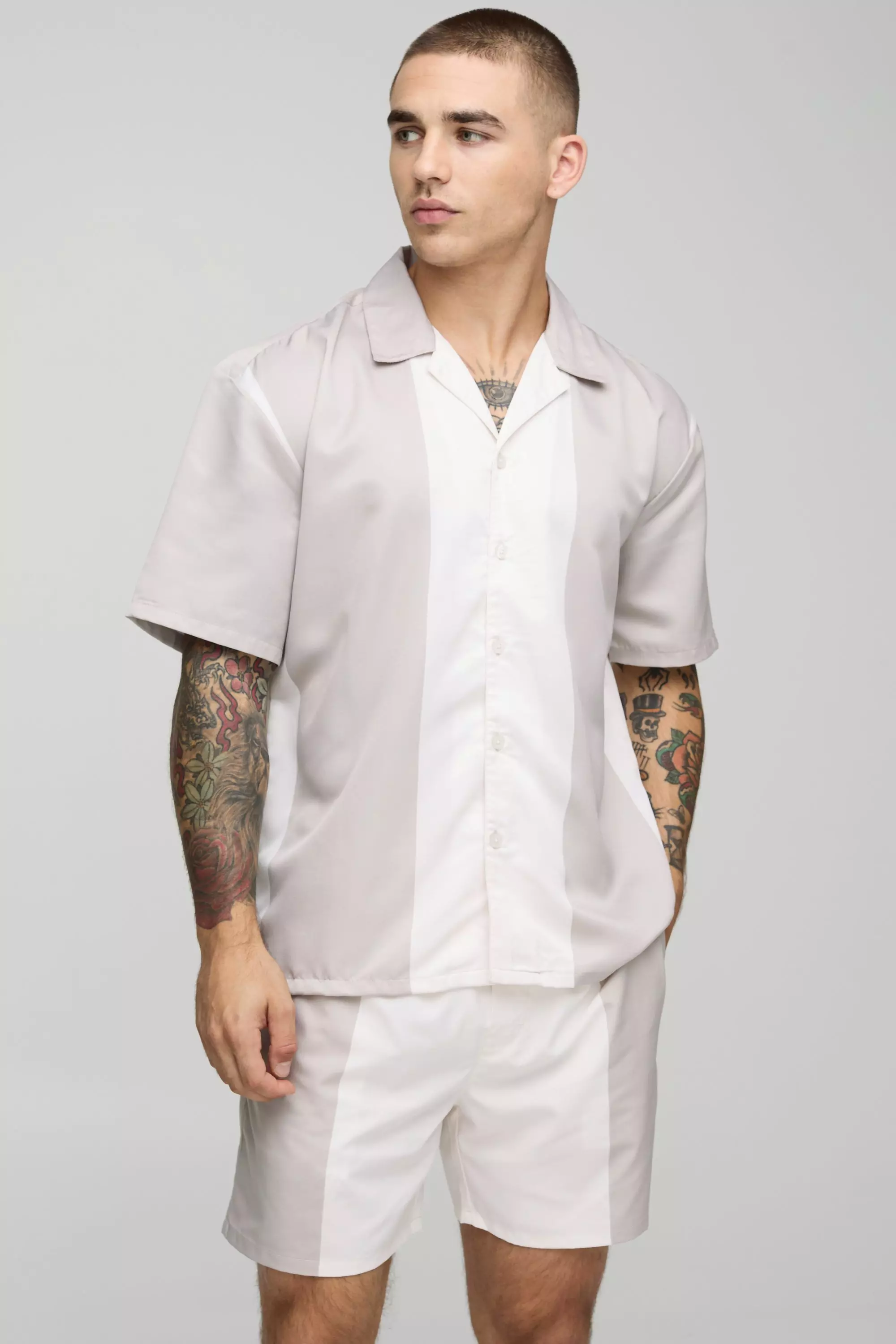 Oversized Blocking Shirt & Swim Set Stone