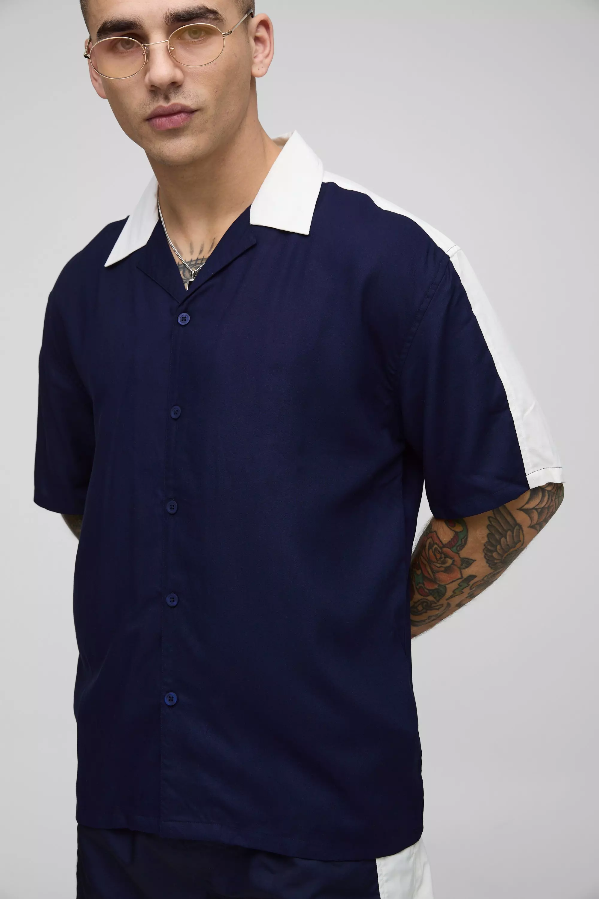 Oversized Half Sleeve Viscose Cut Sew Shirt & Swim Set Navy