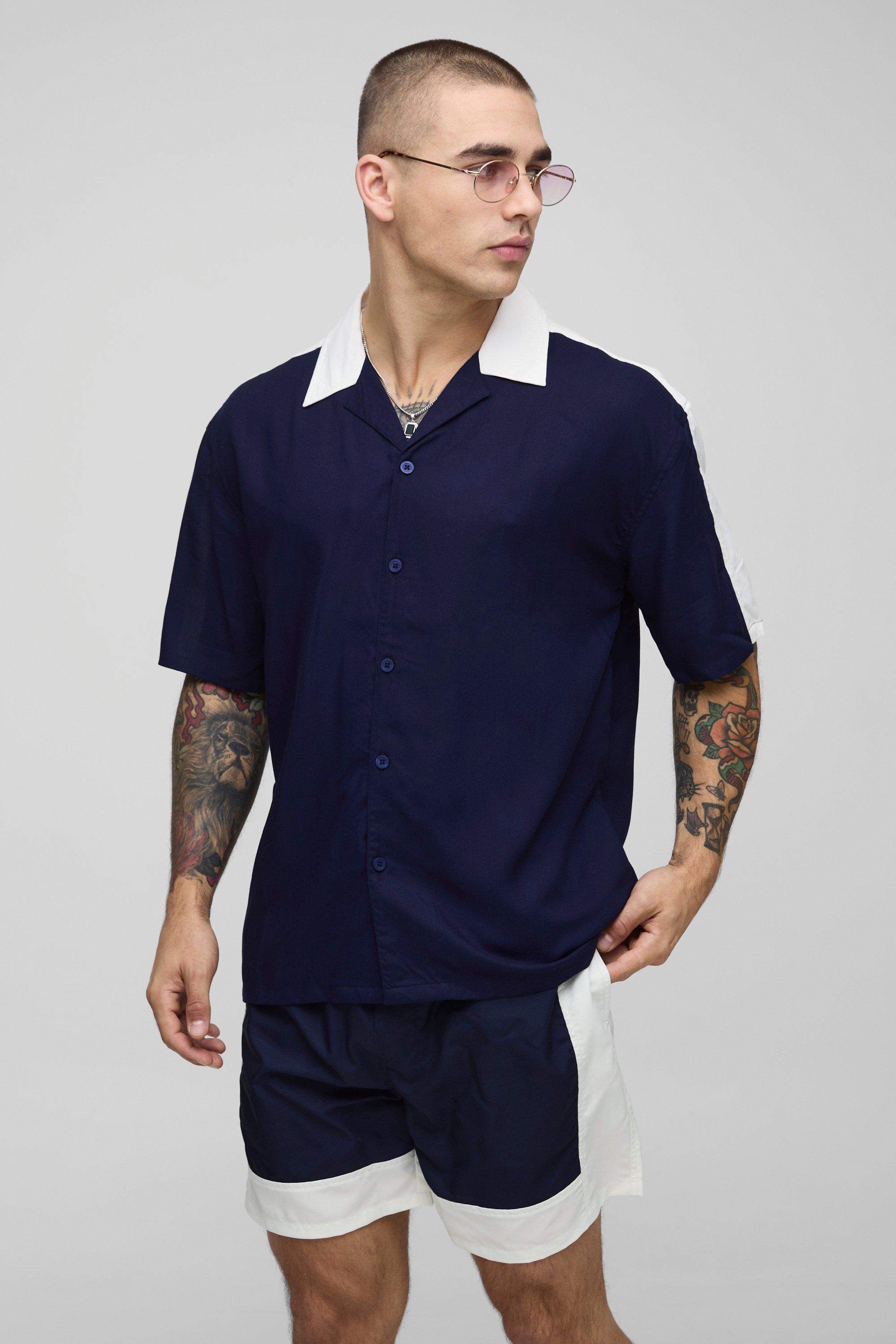 Oversized Half Sleeve Viscose Cut Sew Shirt & Swim Set | boohooMAN USA