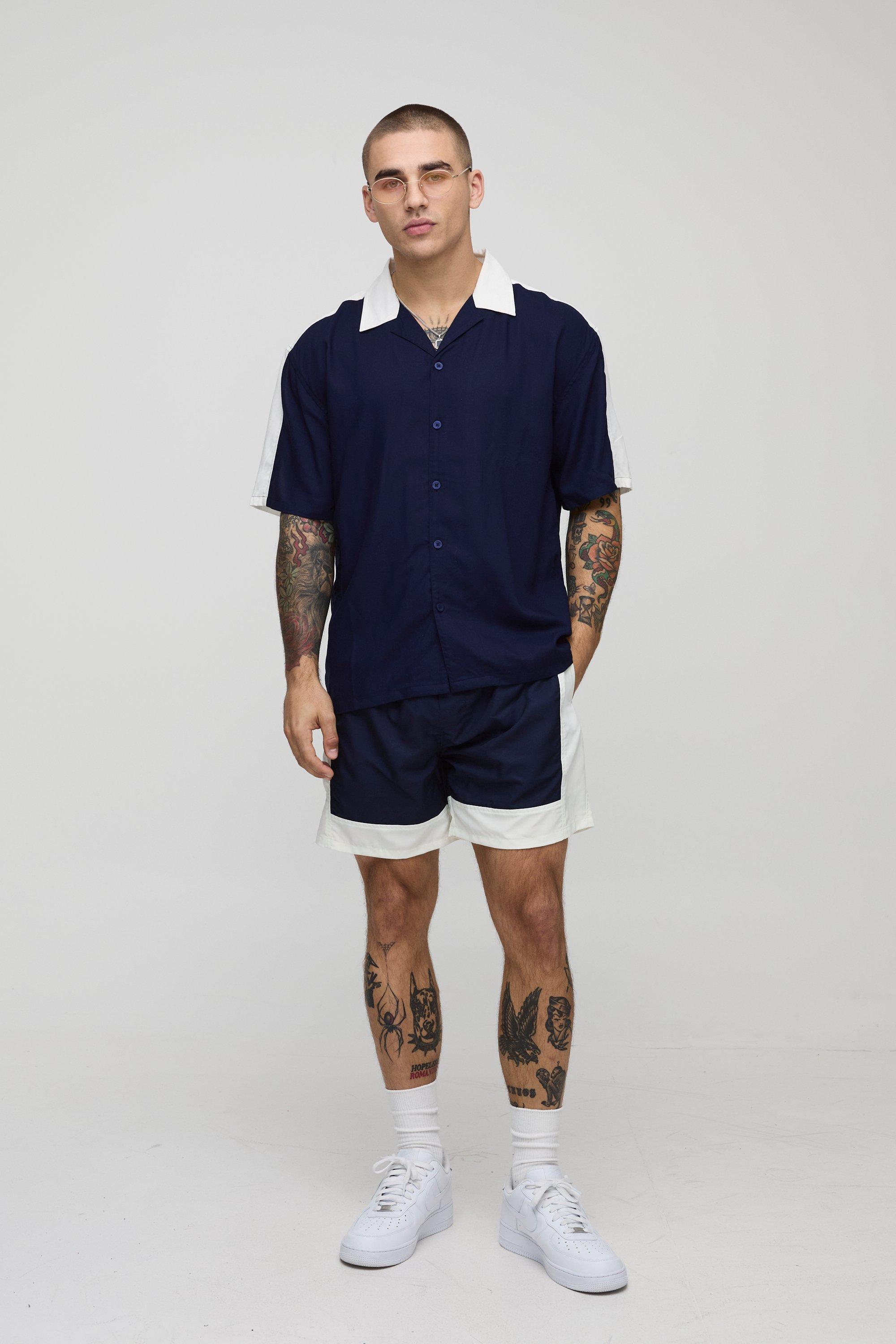 Oversized Half Sleeve Viscose Cut Sew Shirt & Swim Set | boohooMAN USA