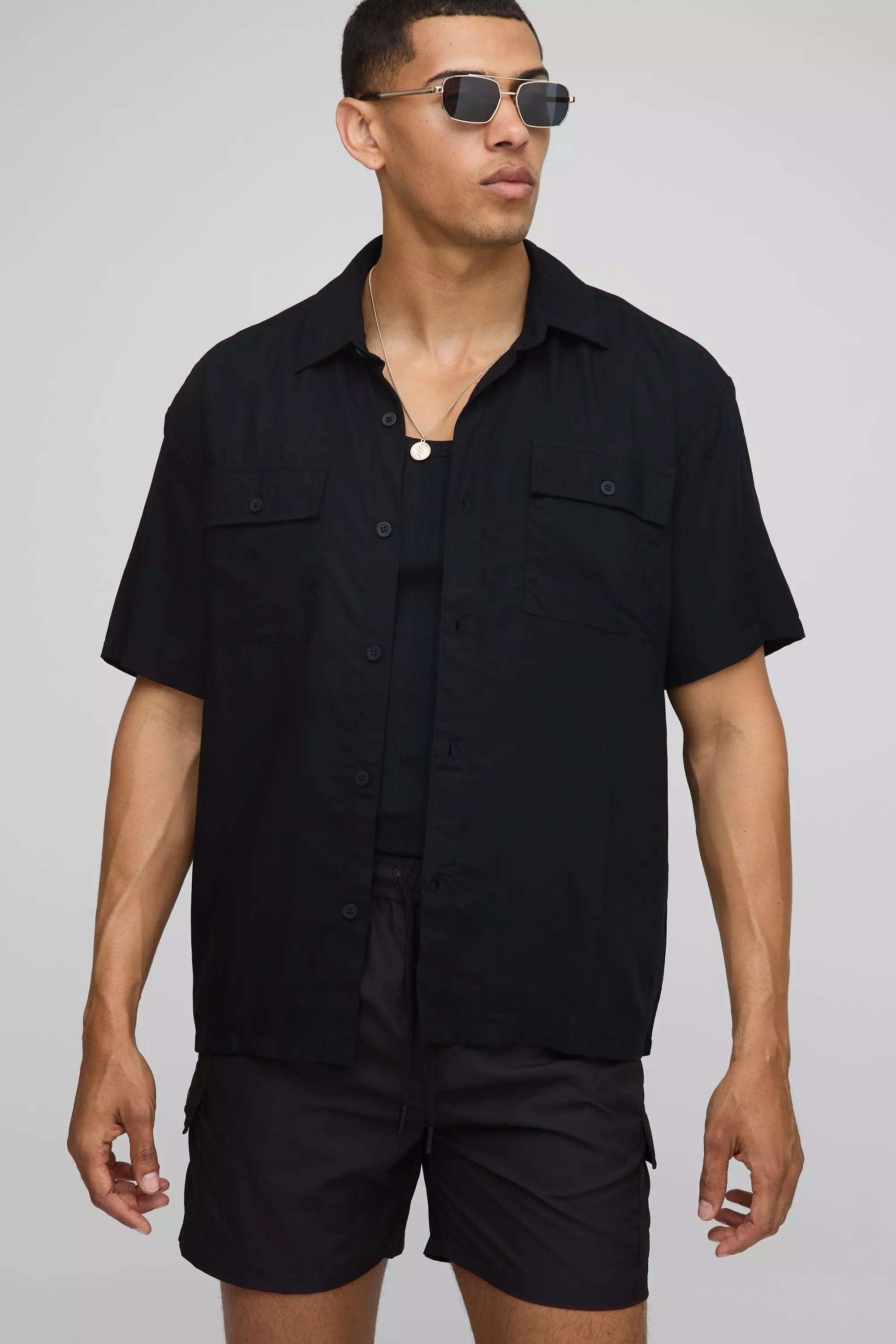 Oversized Viscose Cargo Shirt & Swim Set Black