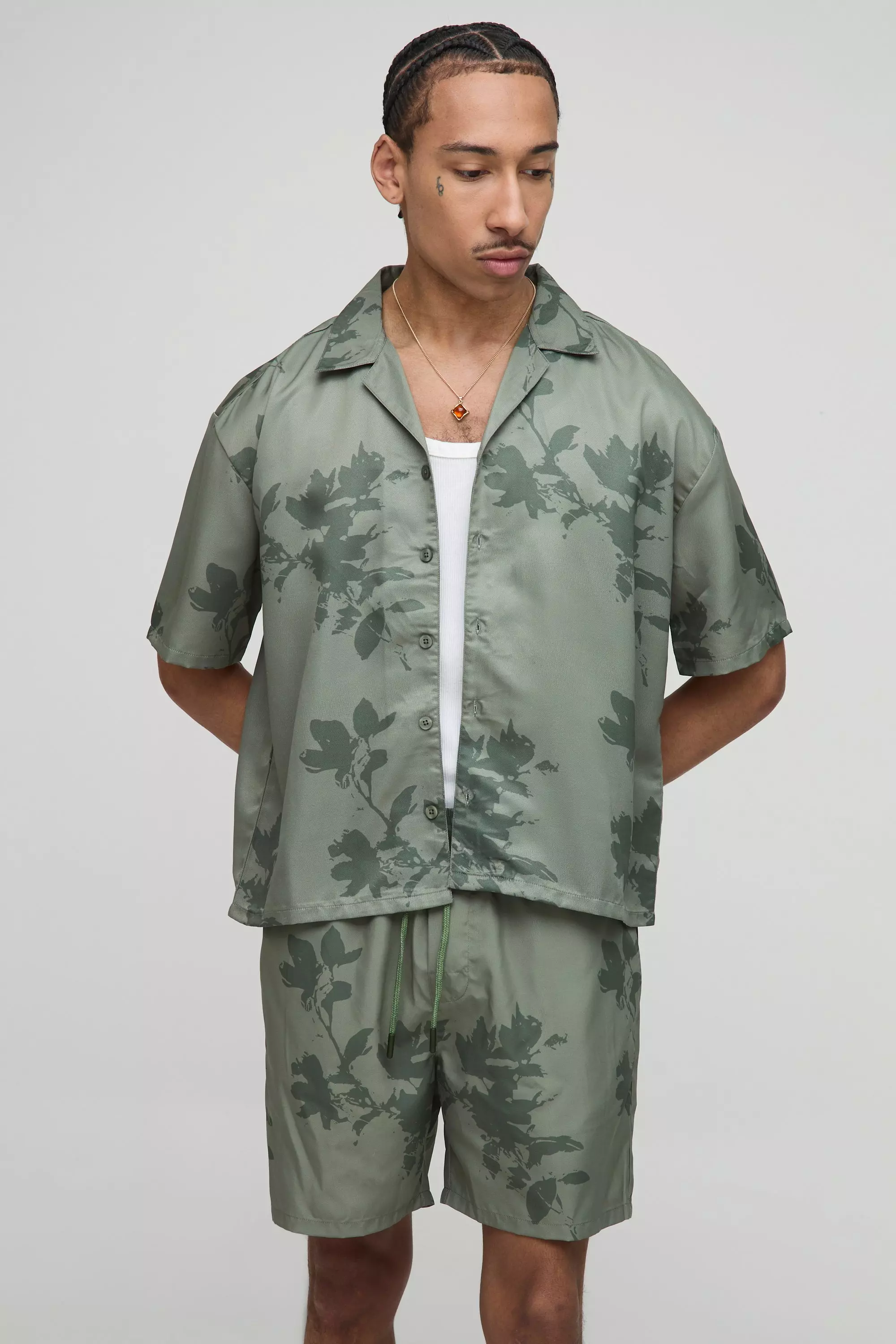 Oversized Boxy Viscose Printed Shirt & Swim Set Khaki