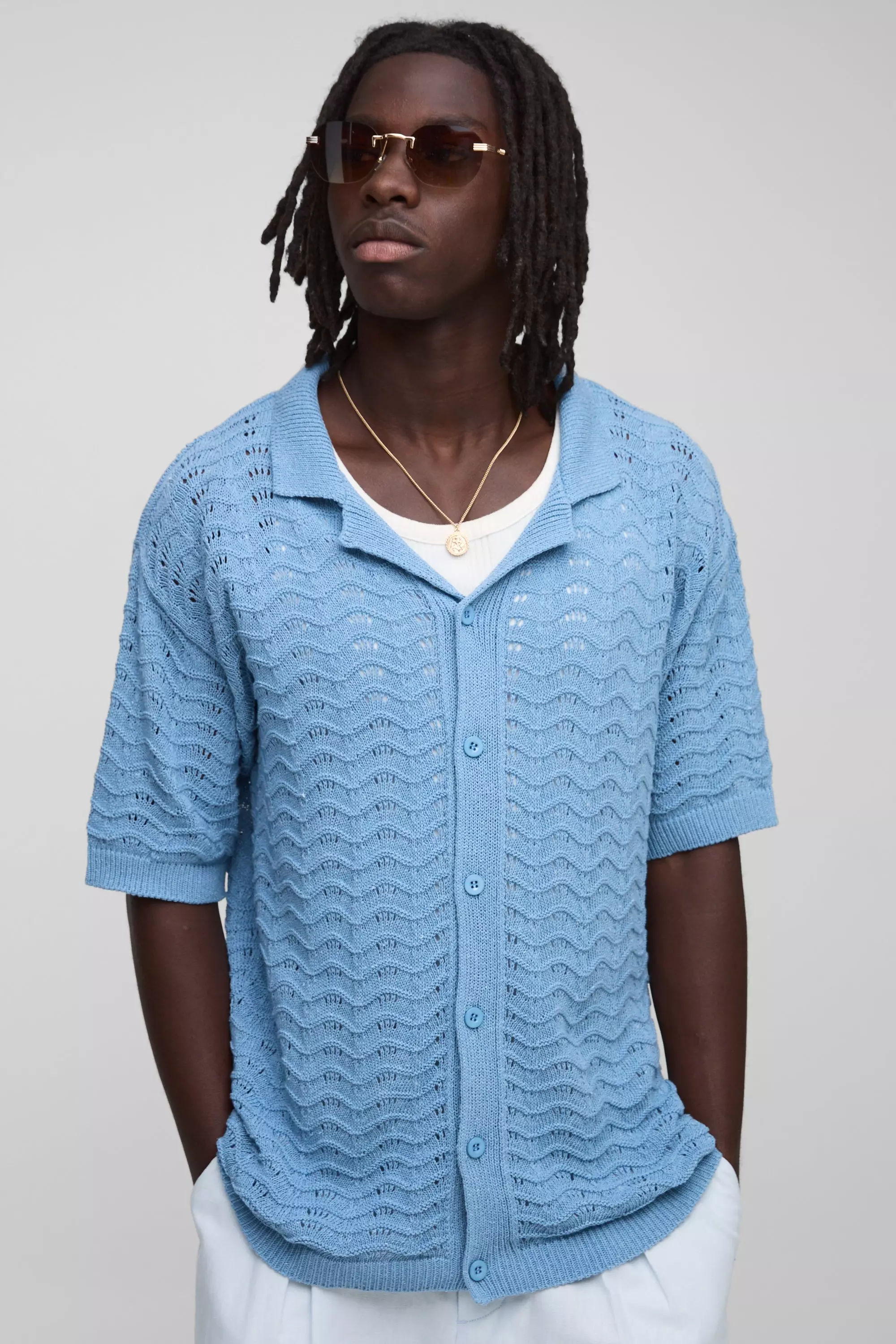 Relaxed Fit Scallop Knitted Shirt Dusty blue