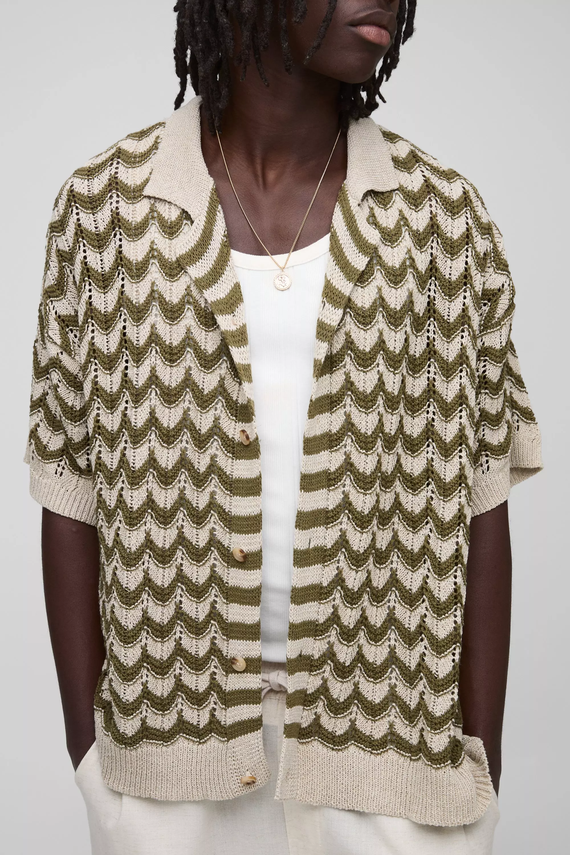 Regular Fit Revere Wavy Abstract Knitted Shirt Green