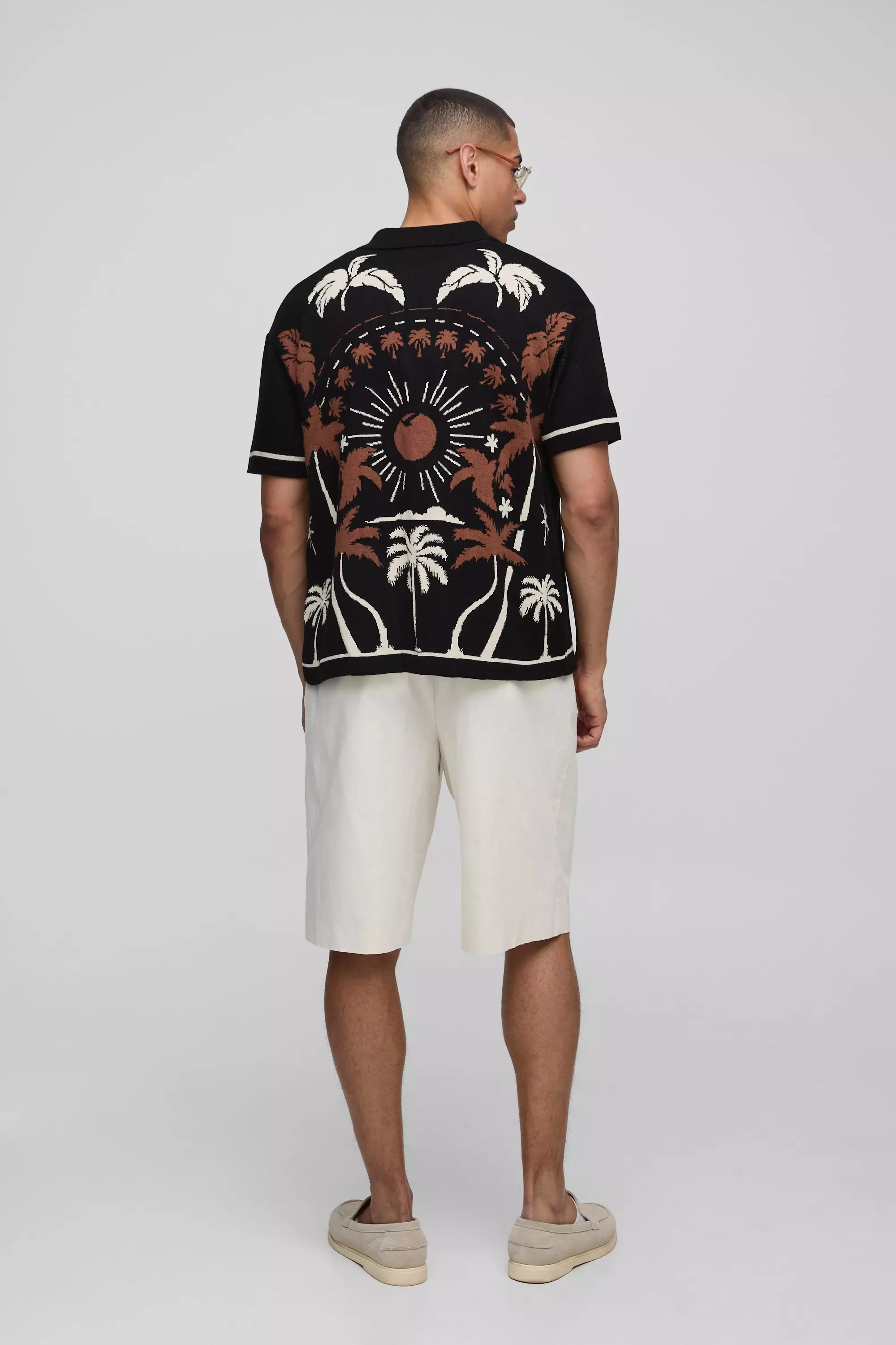 Black Relaxed Fit Scenic Palm Jacquard Knitted Shirt alternative image