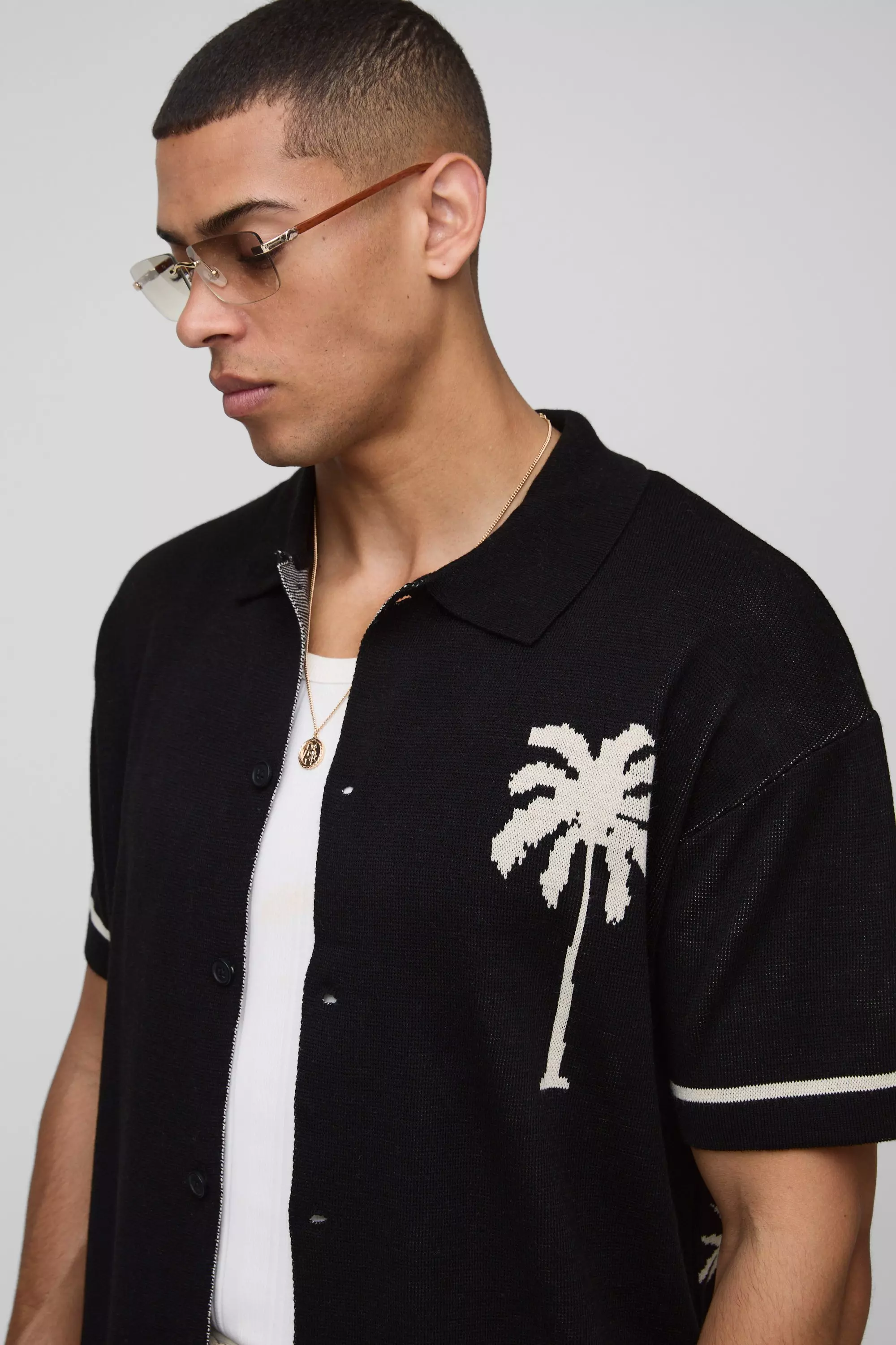 Black Relaxed Fit Scenic Palm Jacquard Knitted Shirt alternative image