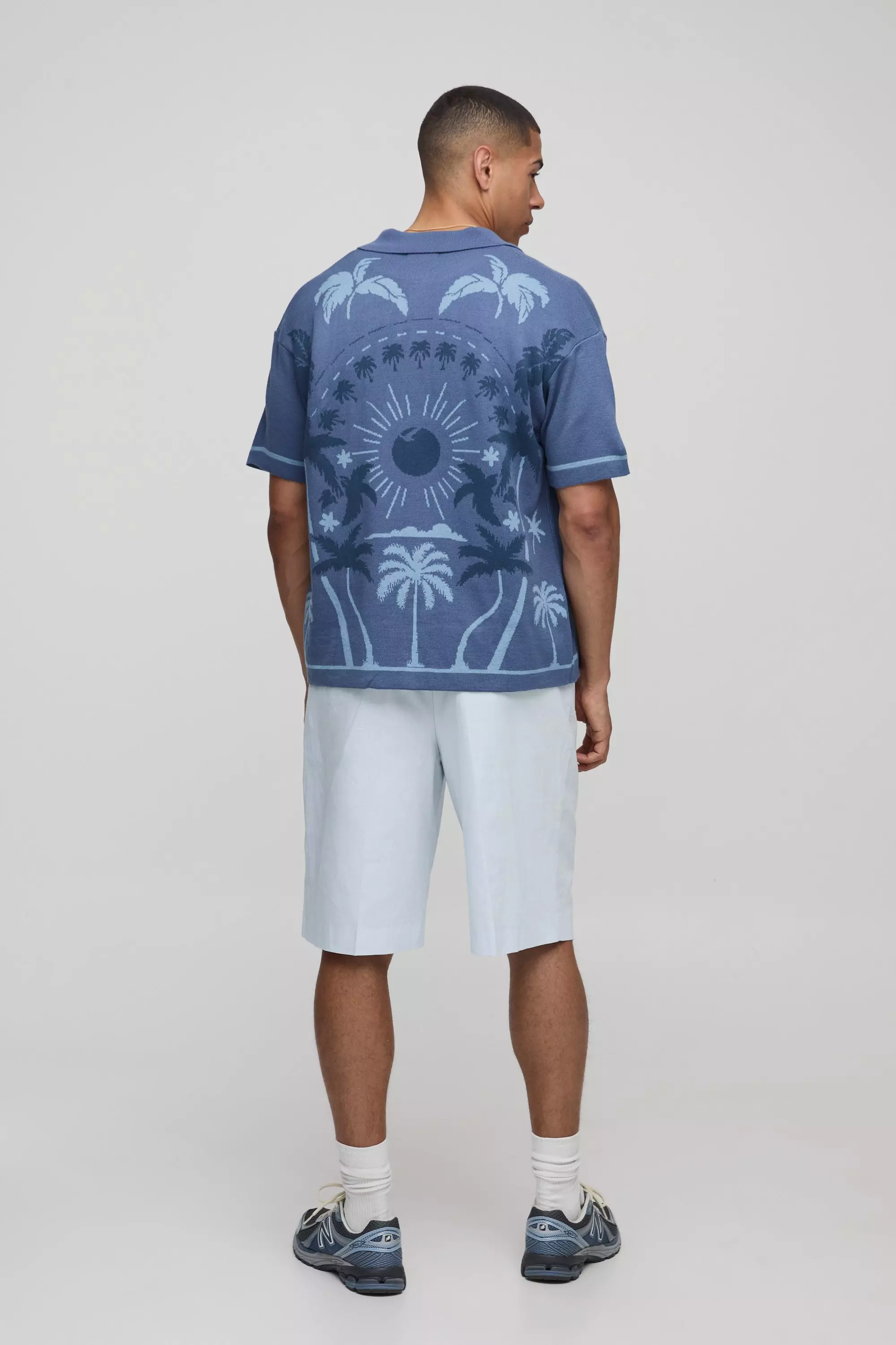 Relaxed Fit Scenic Palm Jacquard Knitted Shirt | boohooMAN USA