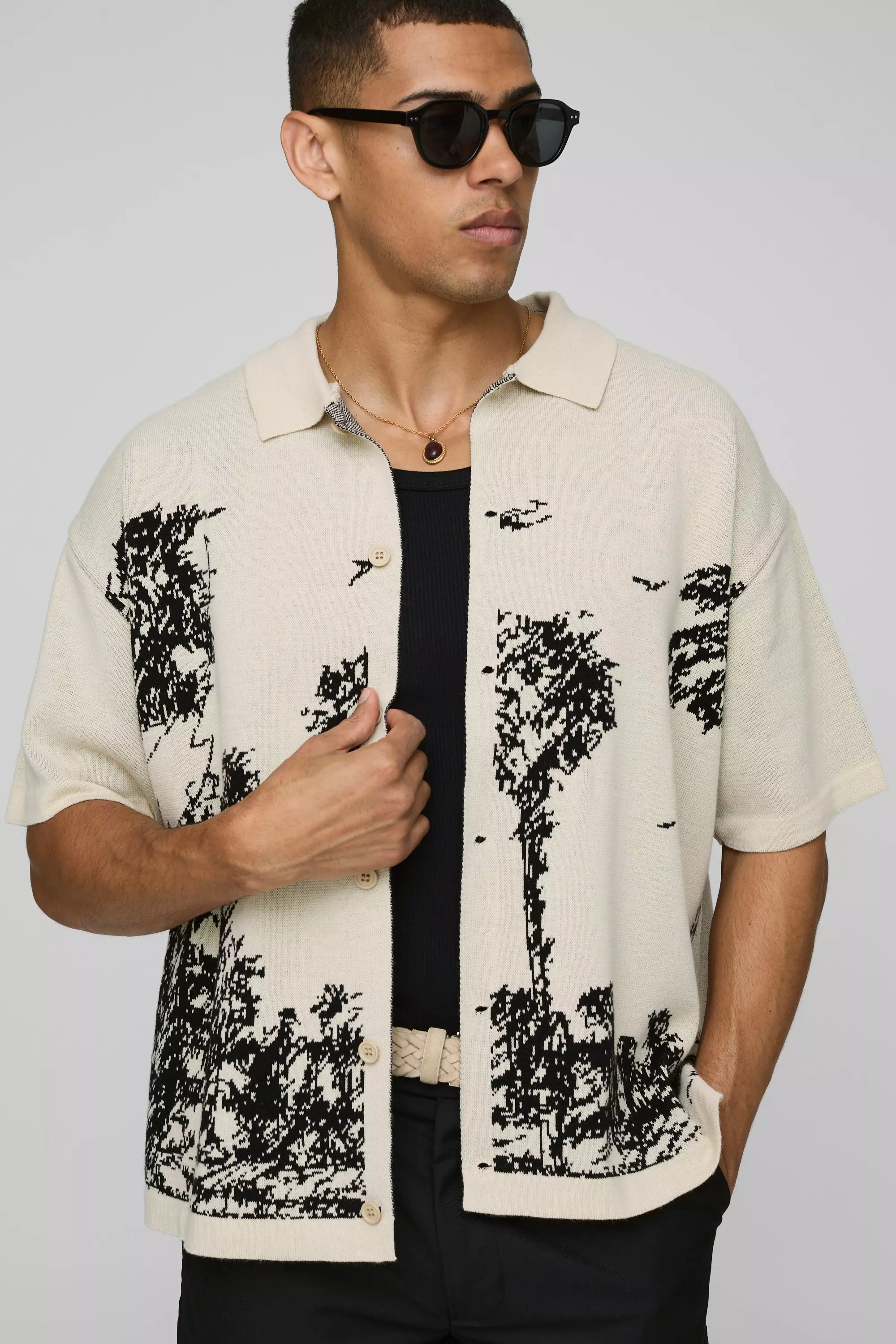 Relaxed Scenic Jacquard Knitted Shirt Ecru