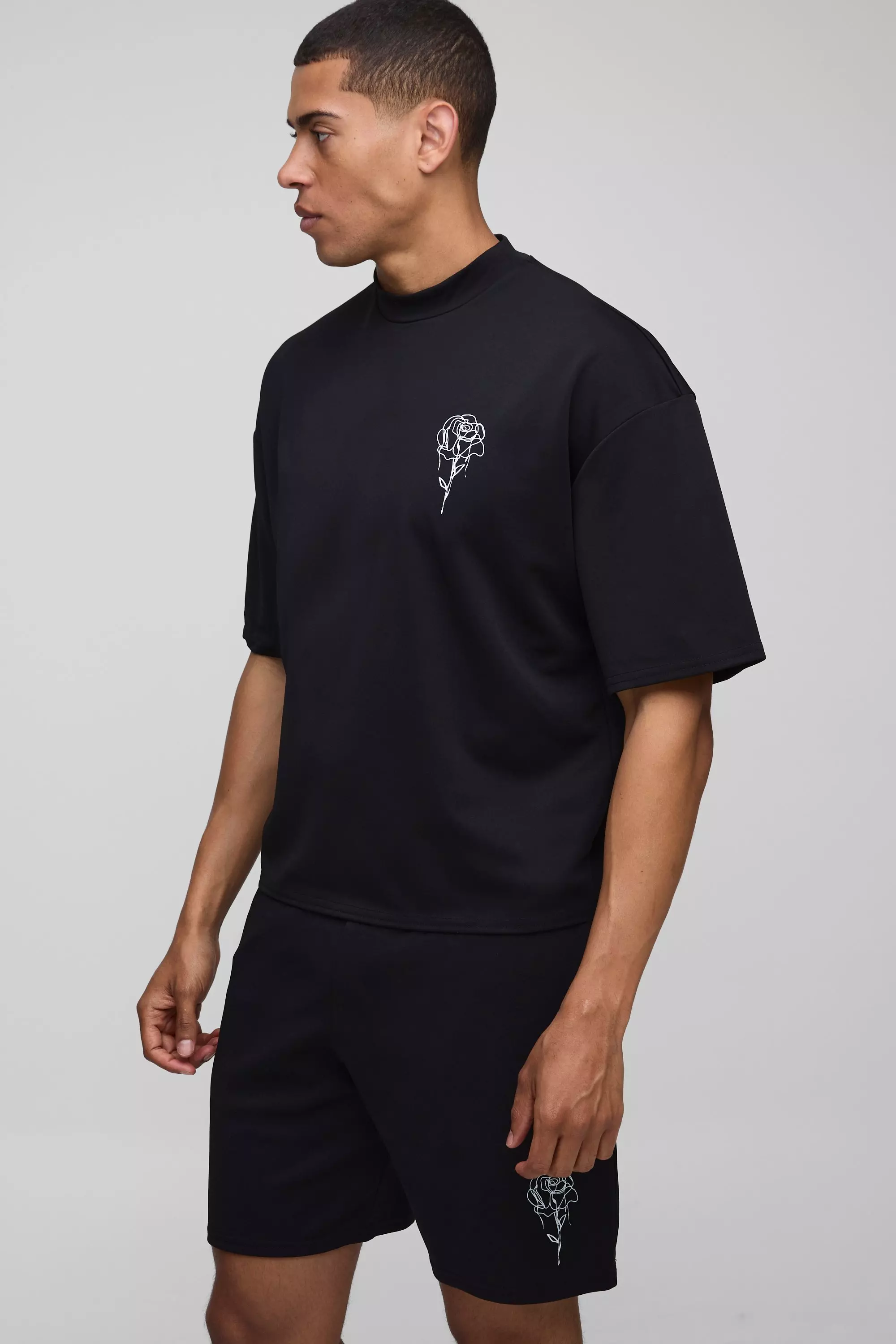 Oversized Boxy Floral Scuba T-Shirt & Short Set Black