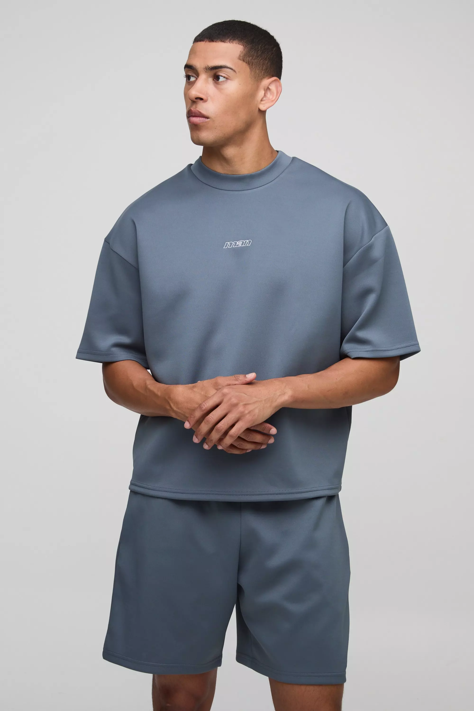 Oversized Boxy Man Scuba T-Shirt & Short Set Blue