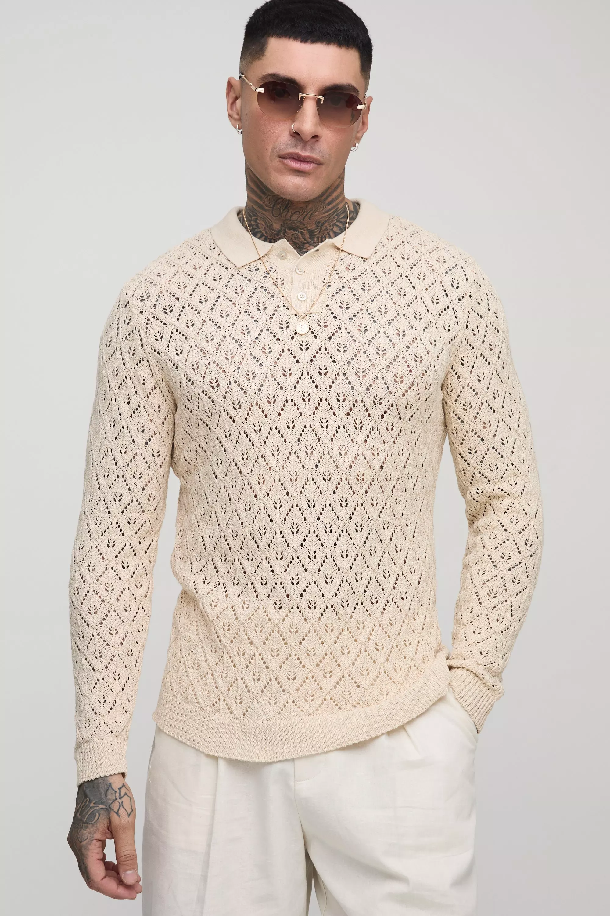 Tall Regular Fit Crochet Long Sleeve Polo Shirt Natural