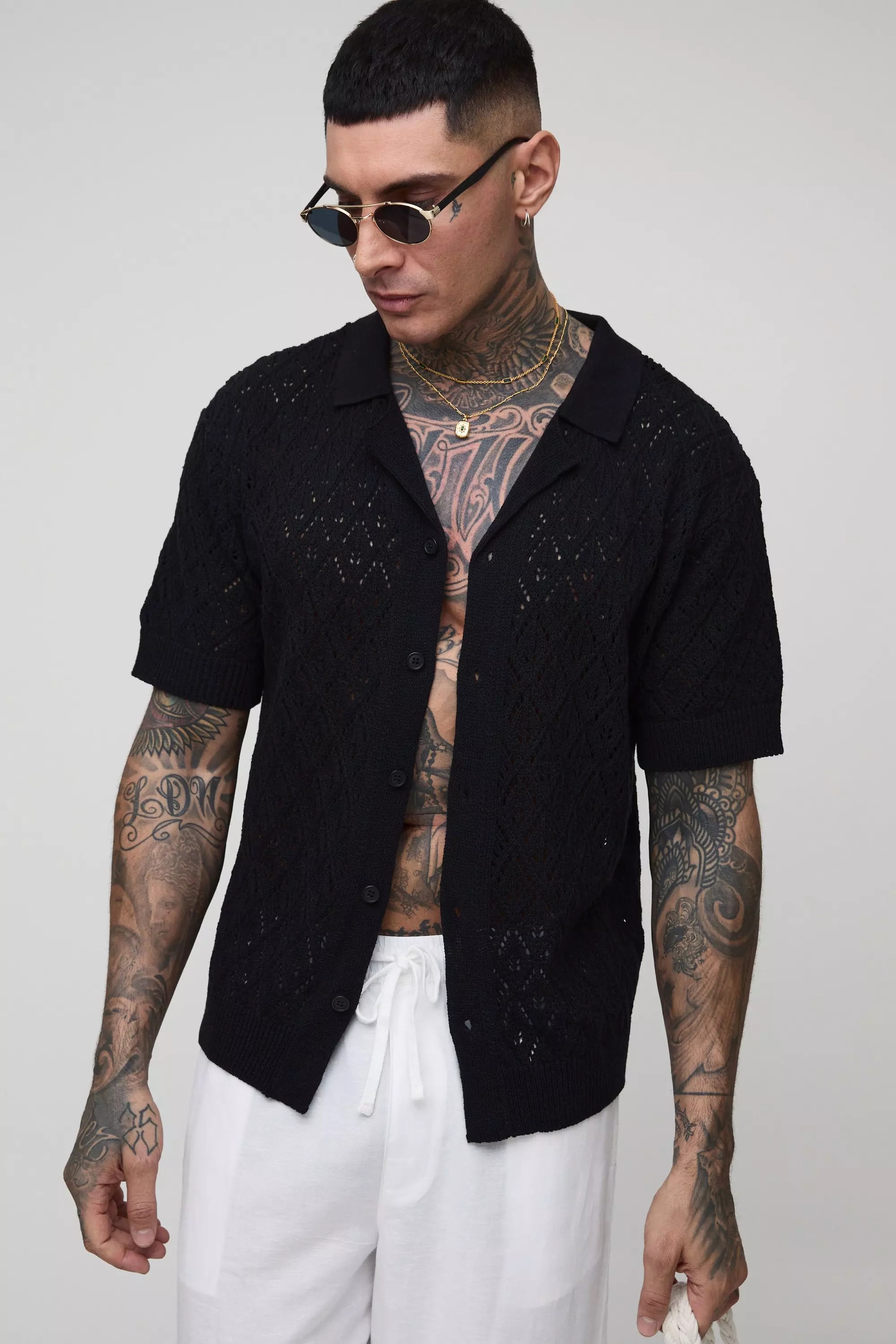 Black Tall Regular Fit Leaf Pointelle Crochet Revere Shirt