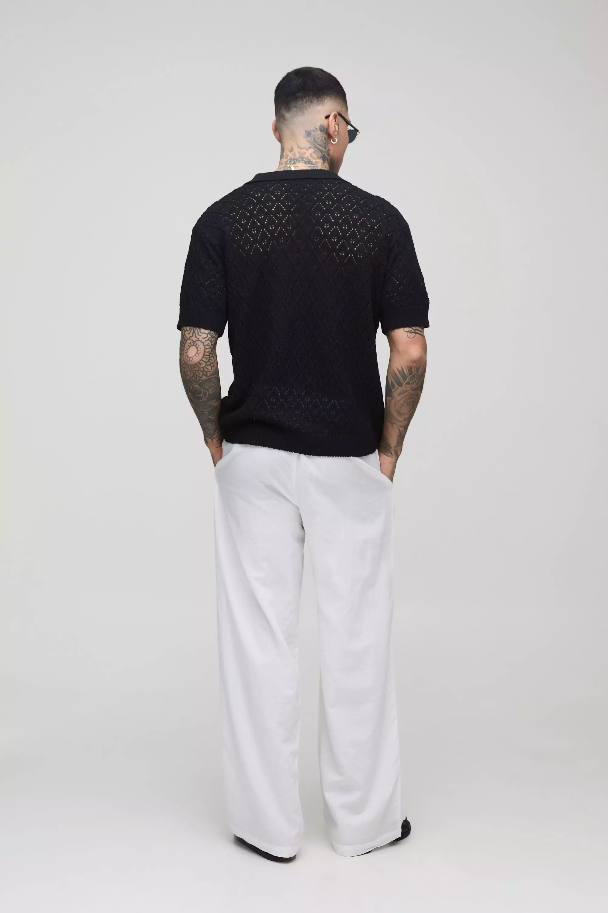 Tall Regular Fit Leaf Pointelle Crochet Revere Shirt | boohooMAN USA