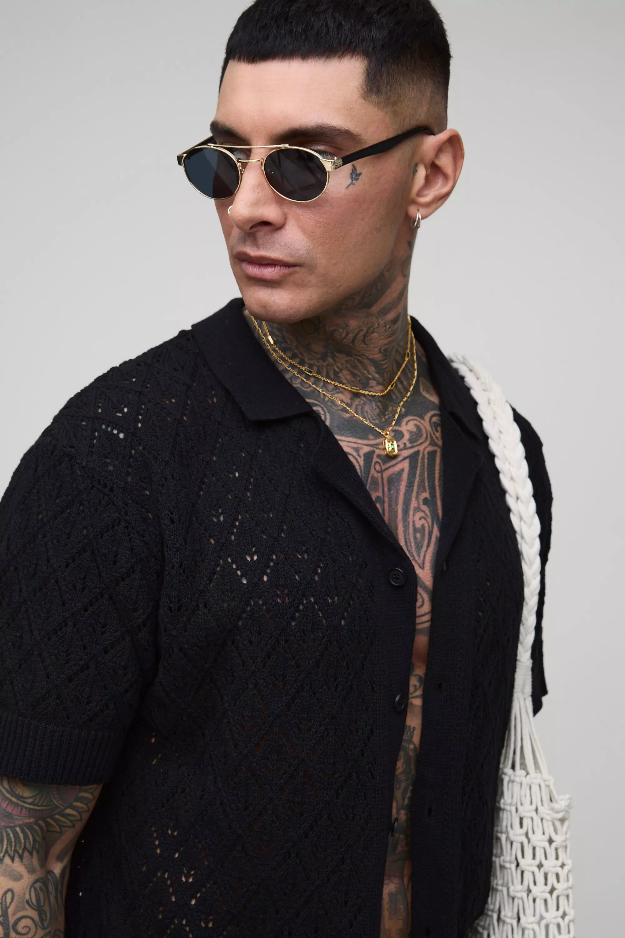 Tall Regular Fit Leaf Pointelle Crochet Revere Shirt | boohooMAN USA