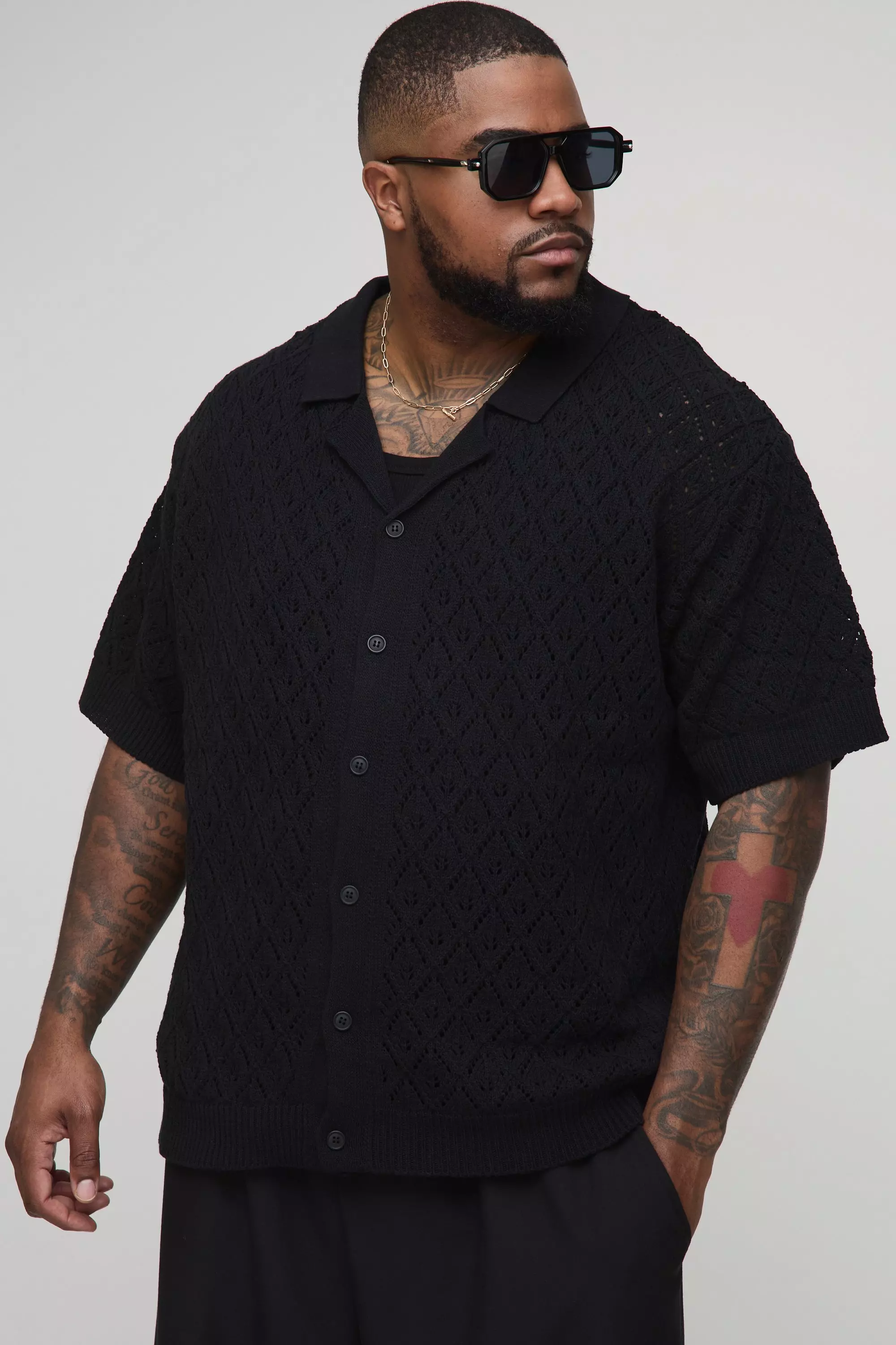 Black Plus Oversized Leaf Pointelle Crochet Revere Shirt