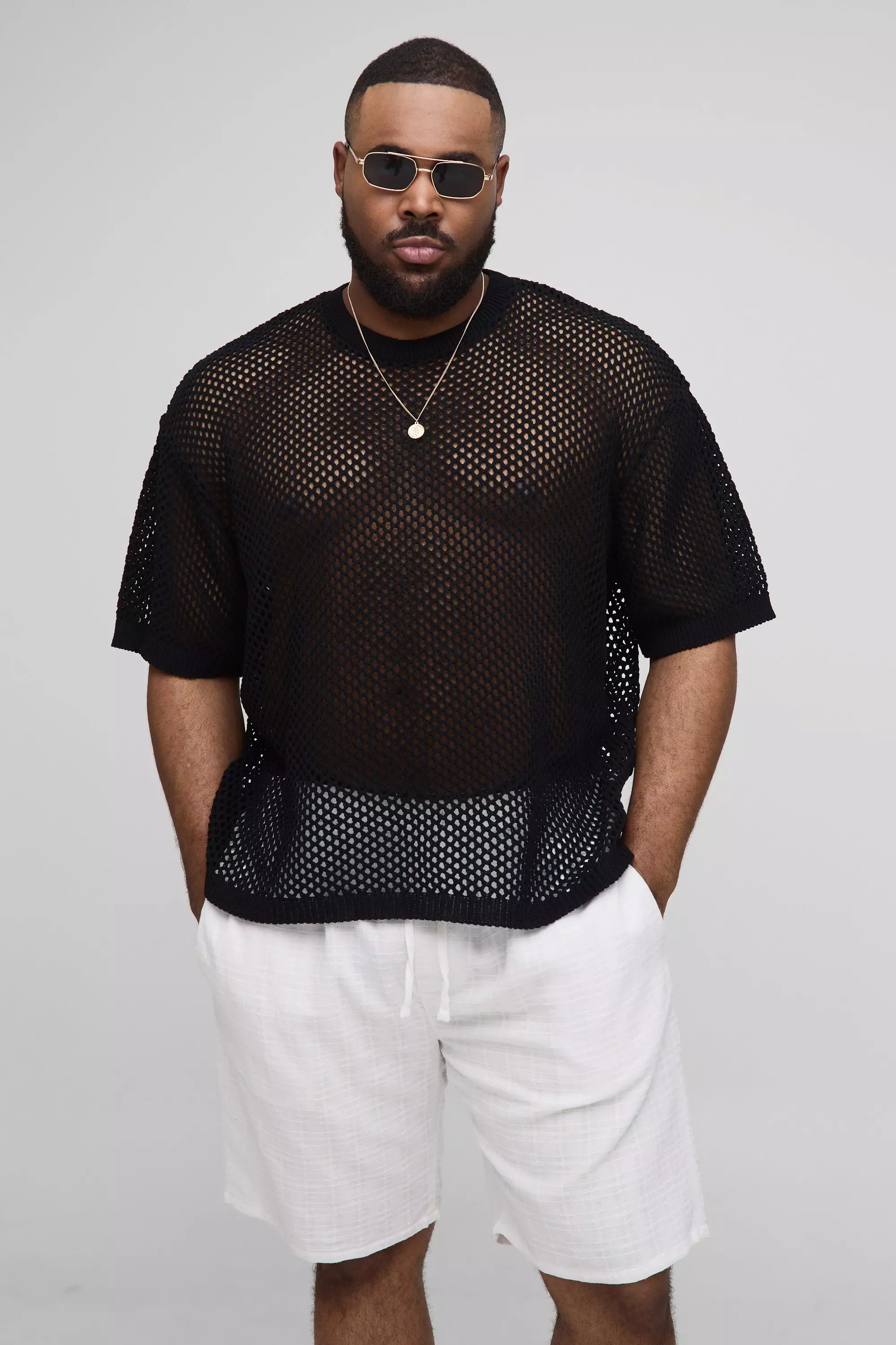 Black Plus Fishnet Crochet Oversized T-Shirt