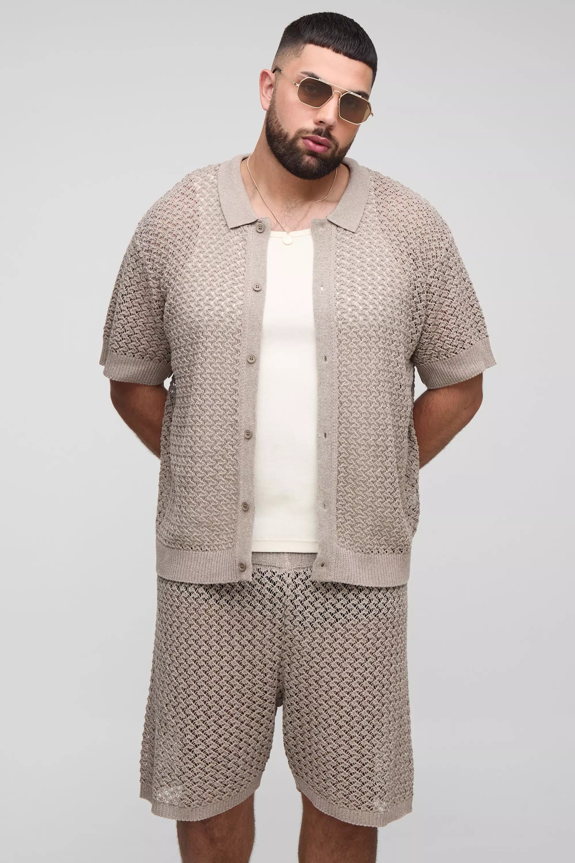 Plus Oversized Boxy Open Crochet Shirt & Short Set | boohooMAN USA