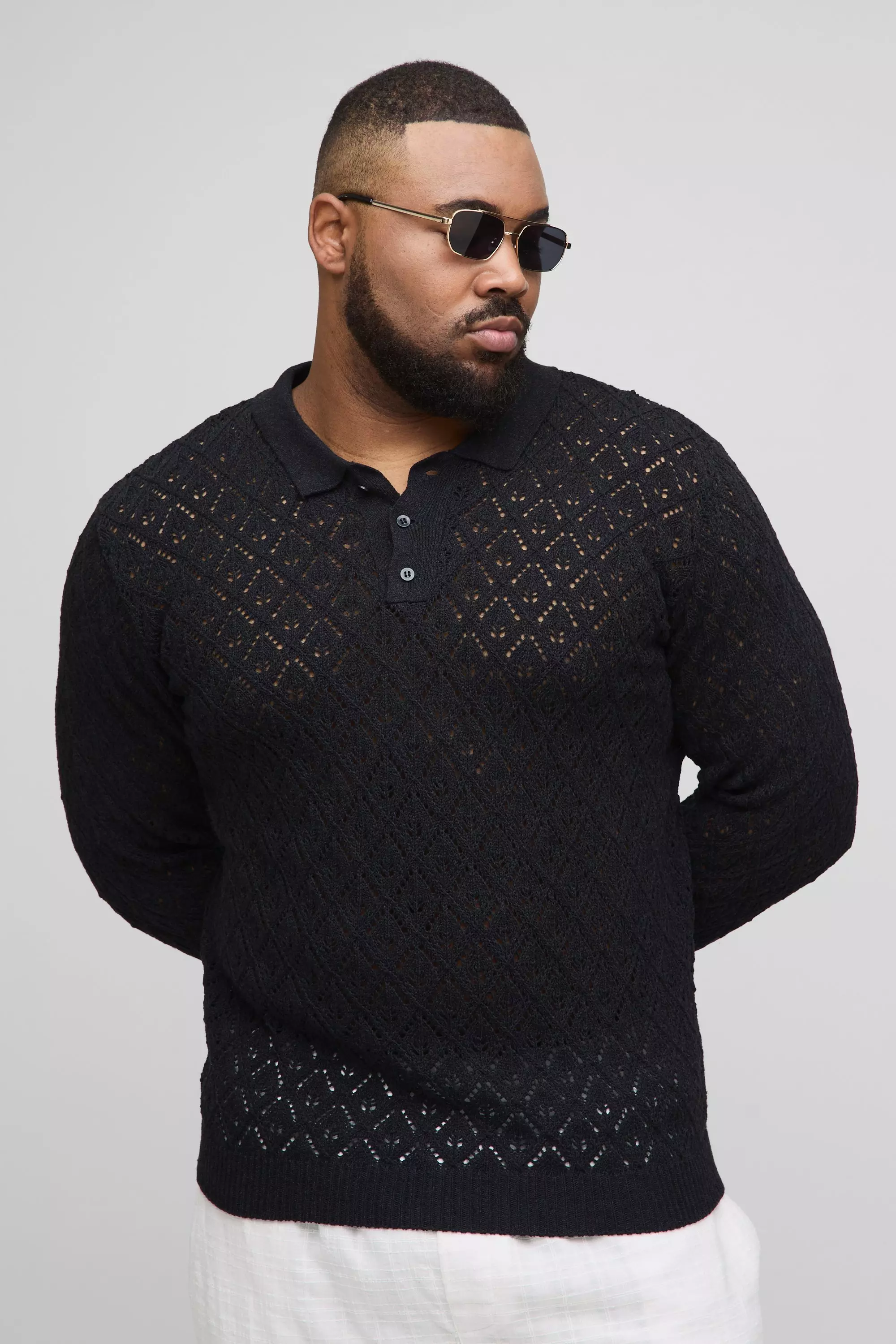 Black Plus Oversized Crochet Long Sleeve Polo Shirt