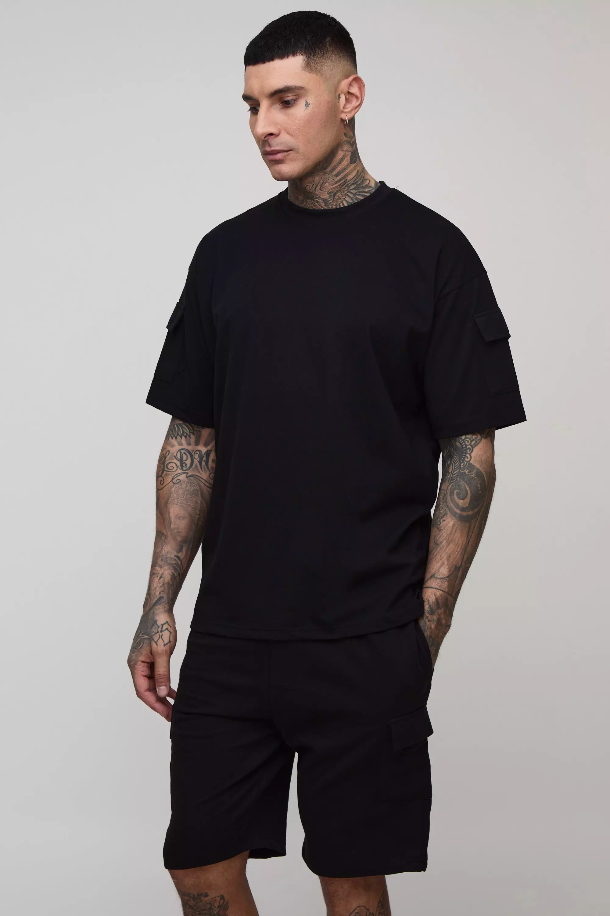 Tall Utility Pocket Oversized Fit T-Shirt & Cargo Short Set Black