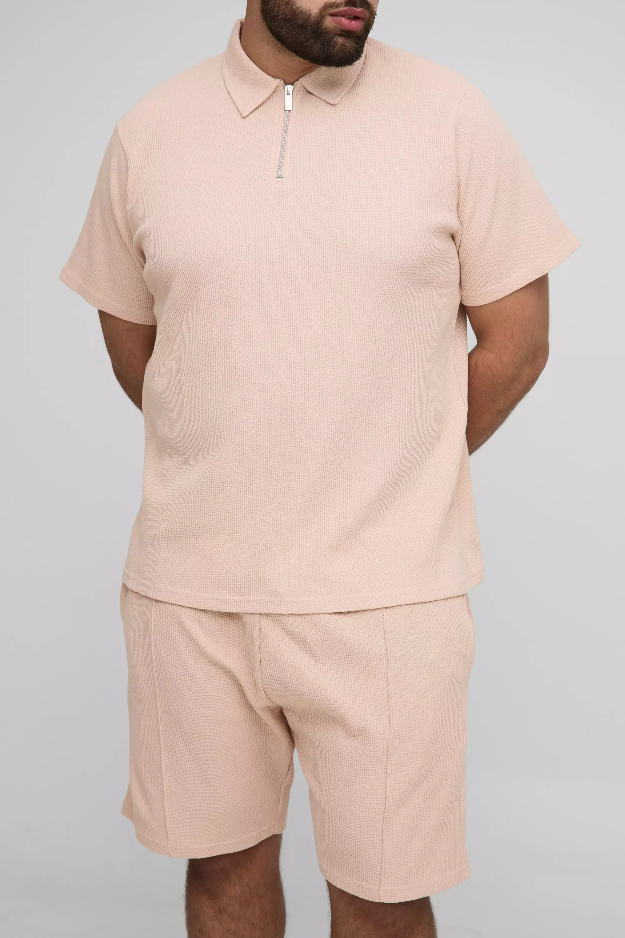 Plus Regular Fit Waffle Polo & Short Set Pink