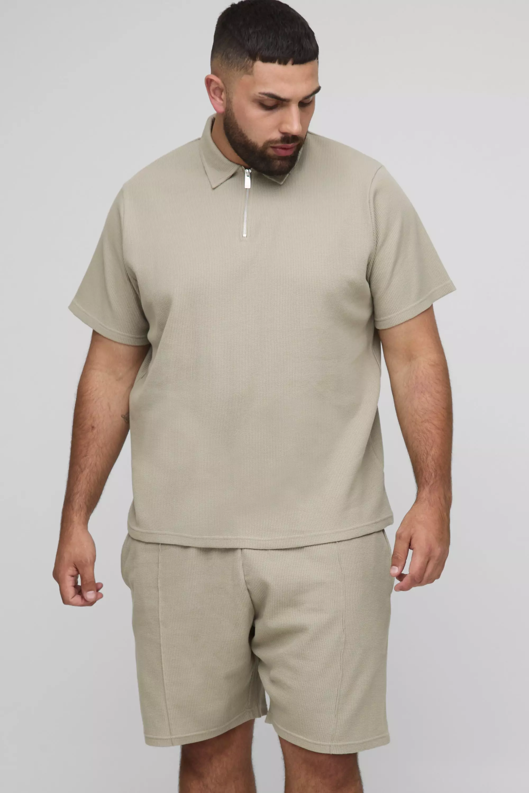 Plus Regular Fit Waffle Polo & Short Set Stone