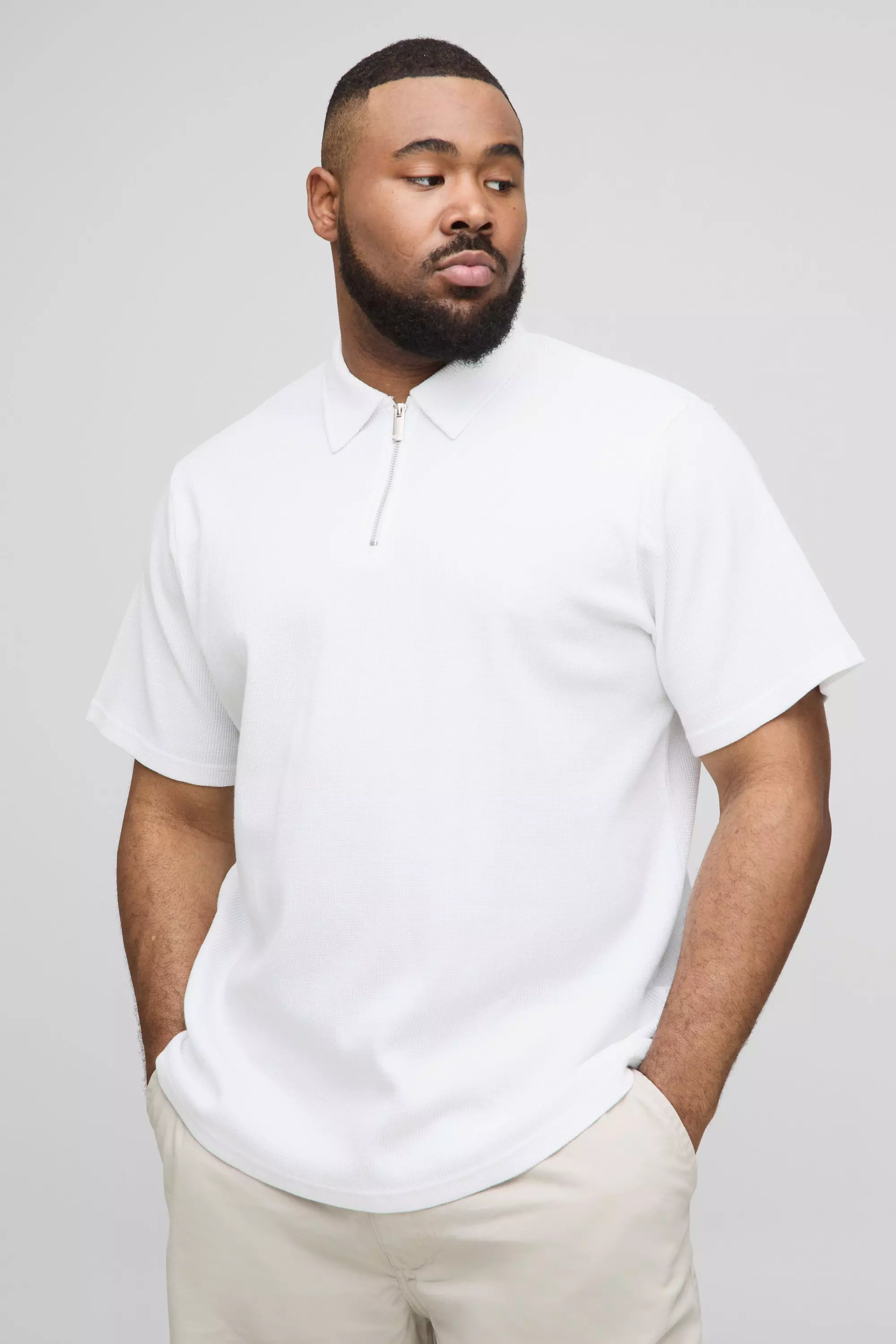 Plus Regular Fit Waffle Zip Polo White