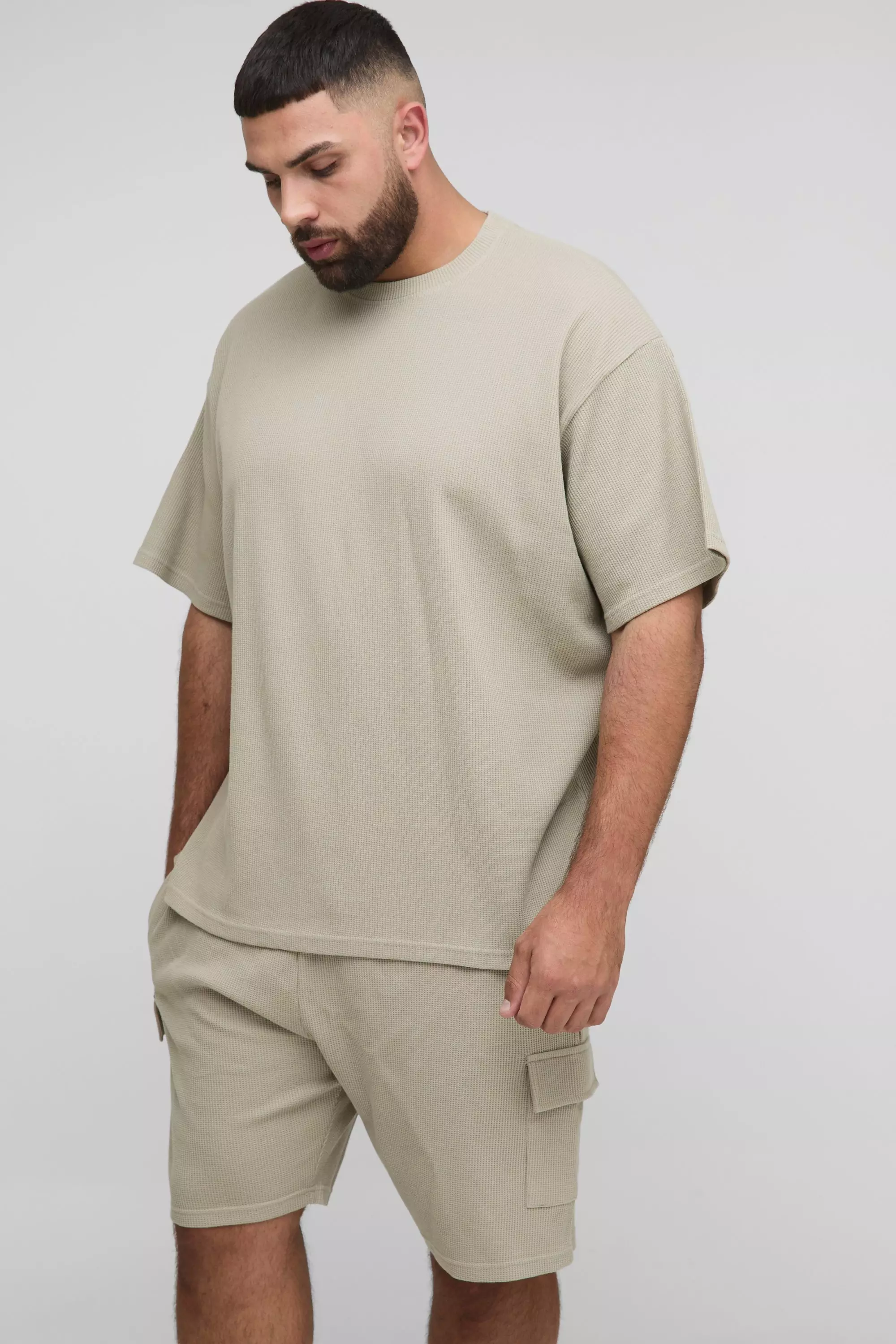 Plus Oversized Waffle T-Shirt & Cargo Short Set Stone