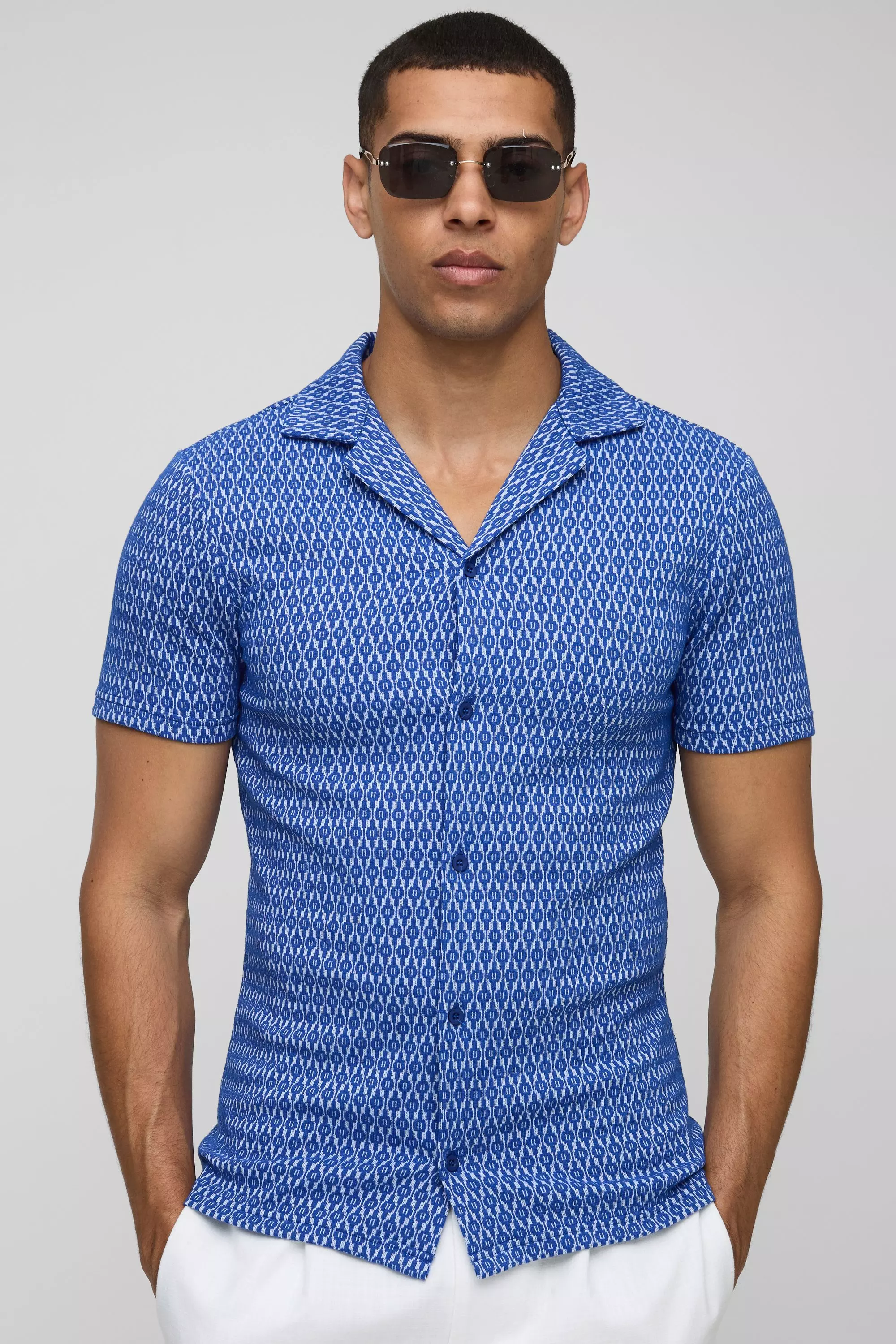 Blue Stretch Mini Geo Print Overhemd Met Korte Mouwen alternatieve afbeelding