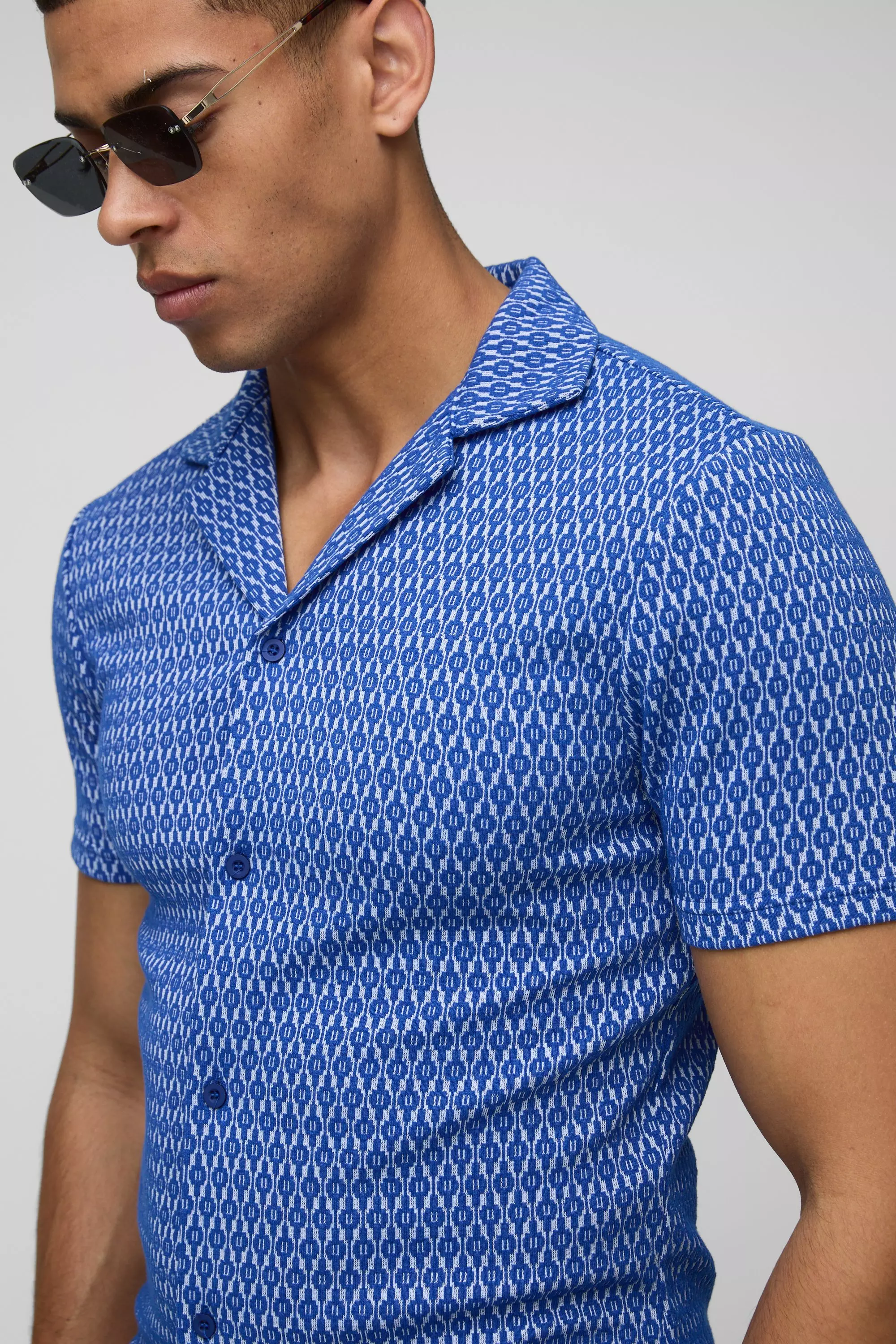 Blue Stretch Mini Geo Print Overhemd Met Korte Mouwen alternatieve afbeelding