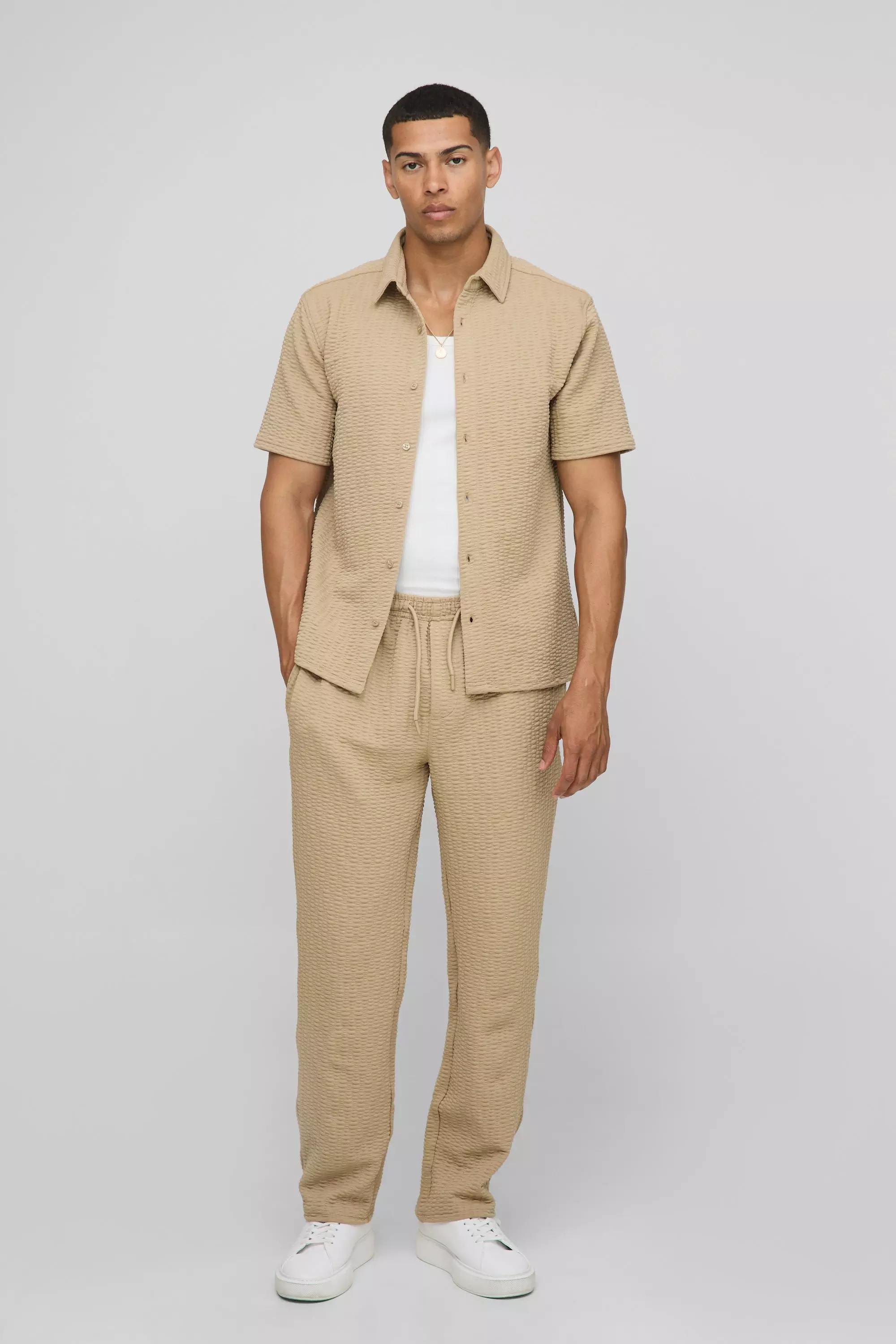 Taupe Beige Short Sleeve Textured Stretch Shirt And Trousers Set