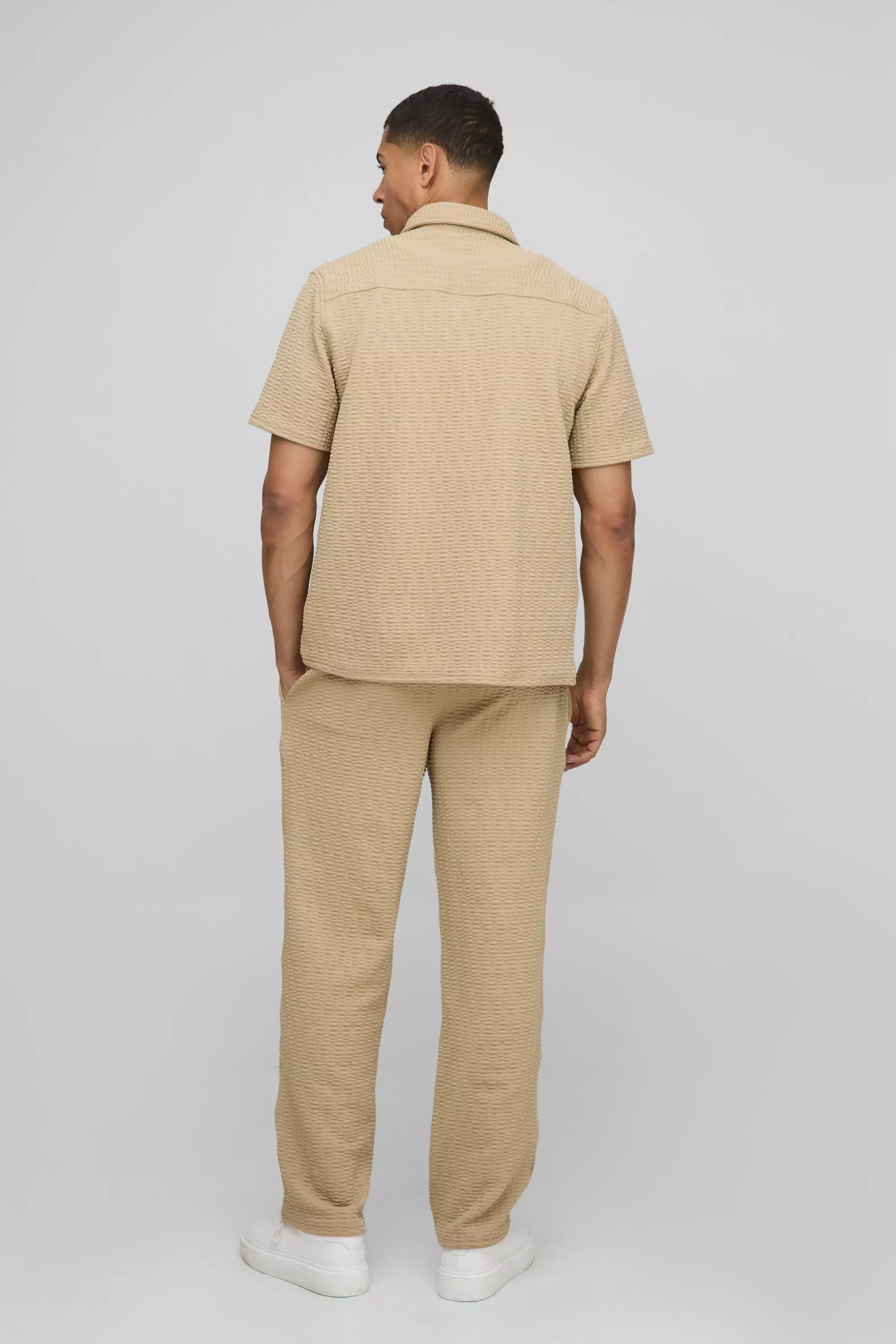 Short Sleeve Textured Stretch Shirt And Trousers Set | boohooMAN USA