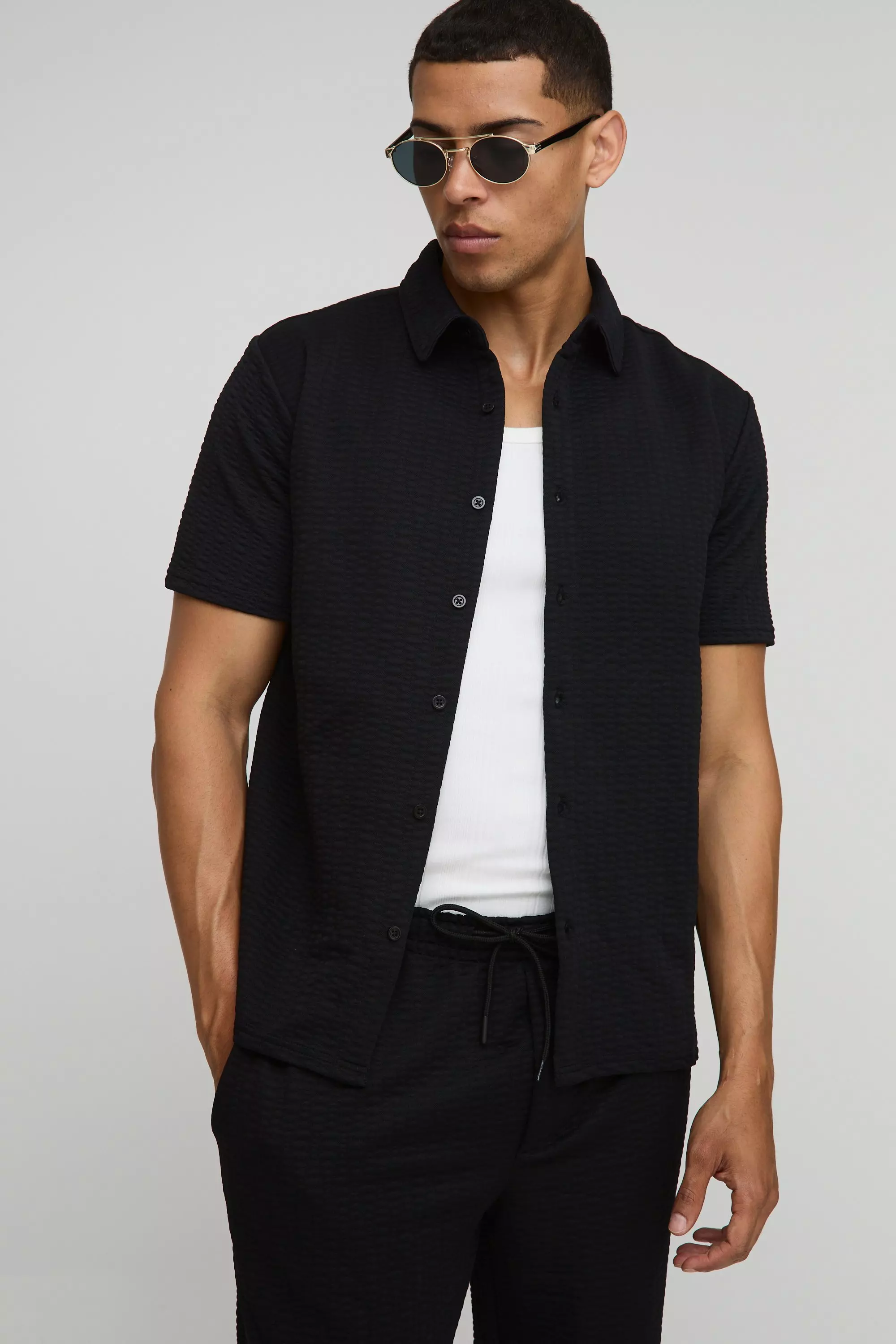 Black Short Sleeve Textured Stretch Shirt And Trousers Set