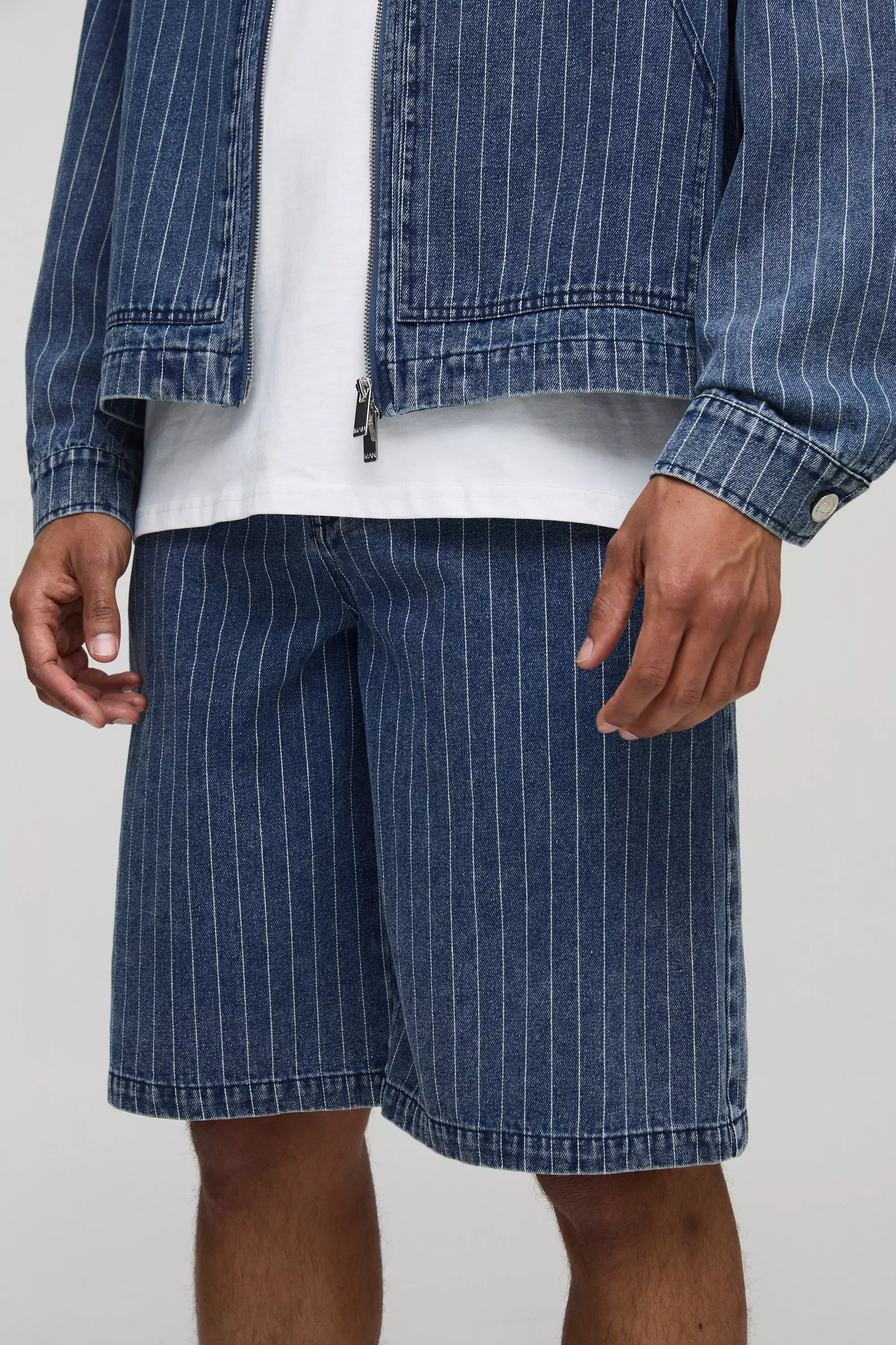 Regular Pinstripe Indigo Denim Jorts | boohooMAN USA